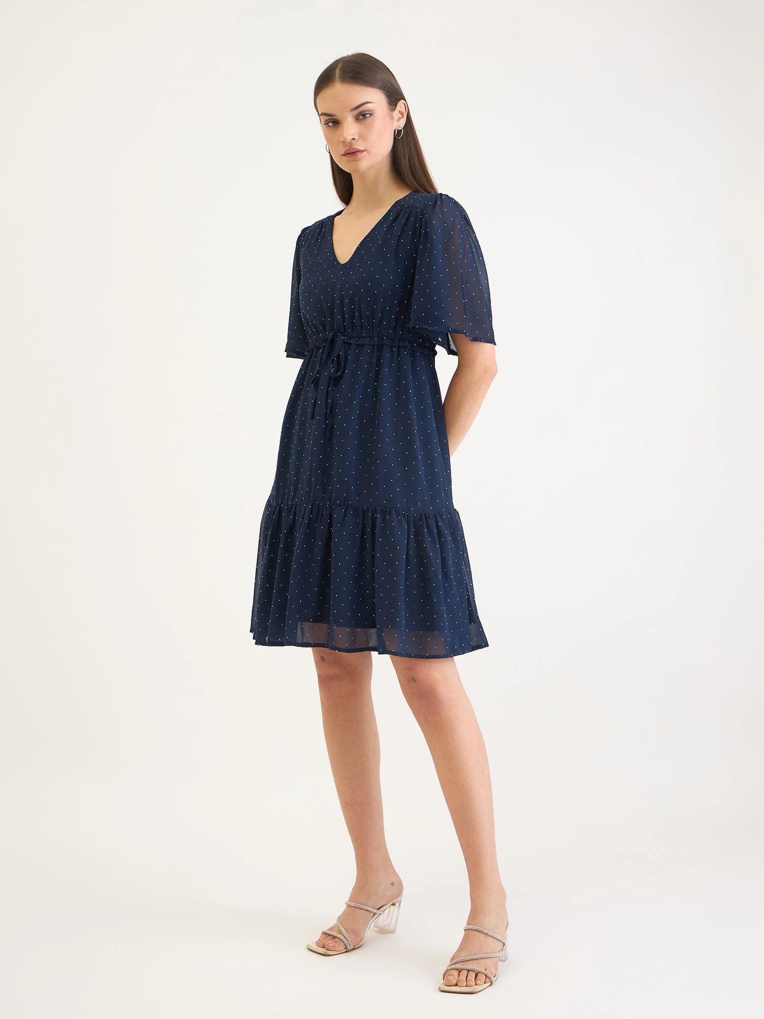 Elle Women Blue Dot And Solid V Neck Dress - Image 4