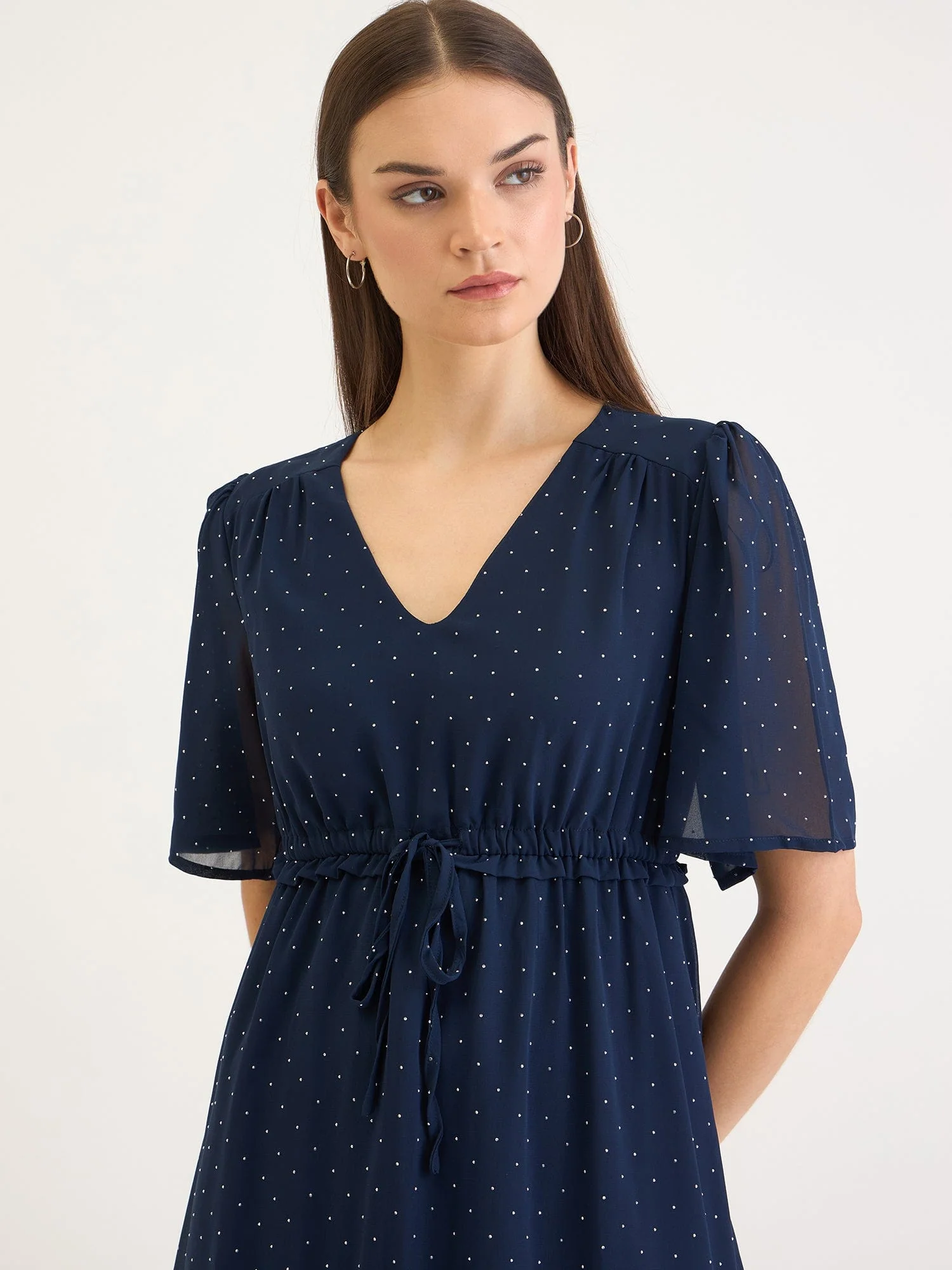 Elle Women Blue Dot And Solid V Neck Dress - Image 5