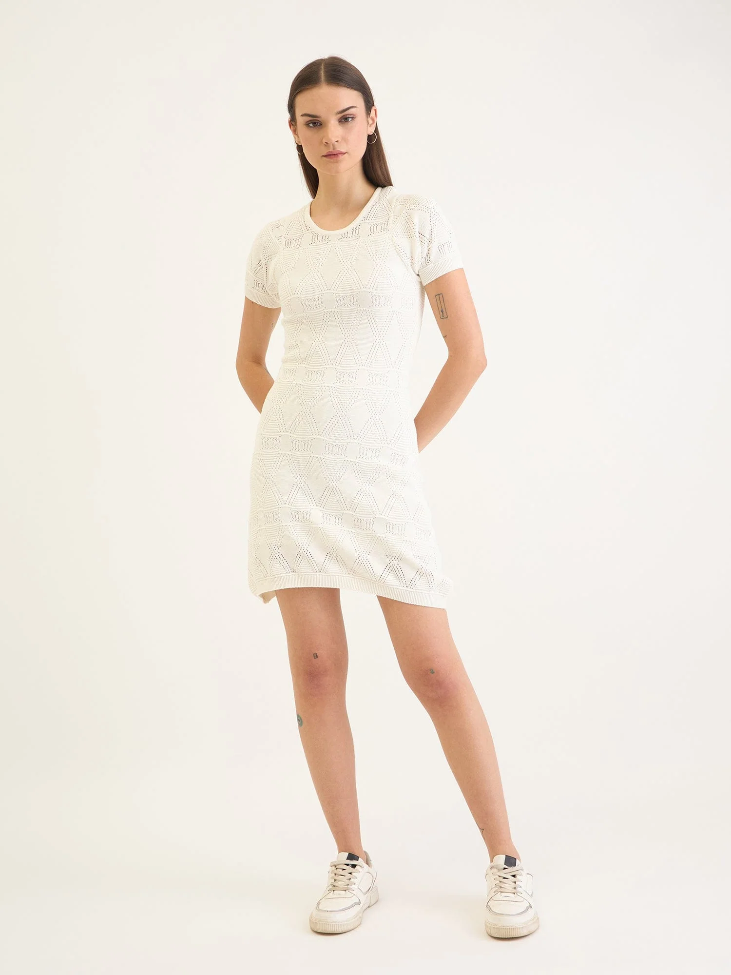 Elle Women White Knitted Round Neck Dress - Image 2