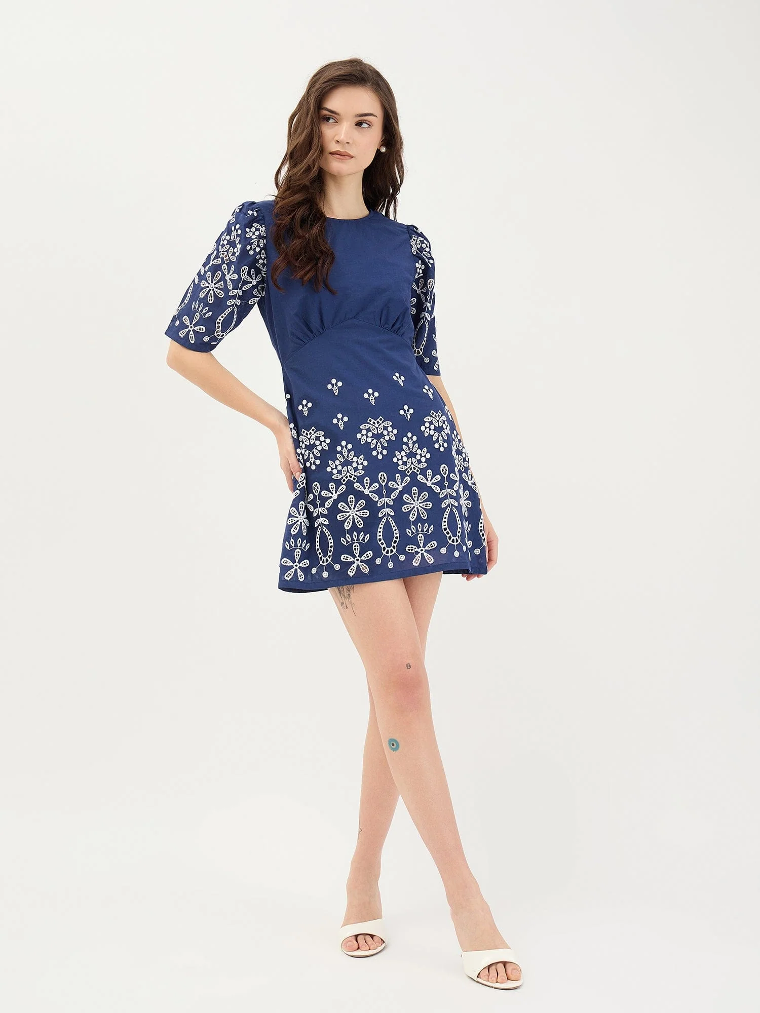 Elle Women Blue Schiffli Round Neck Dress