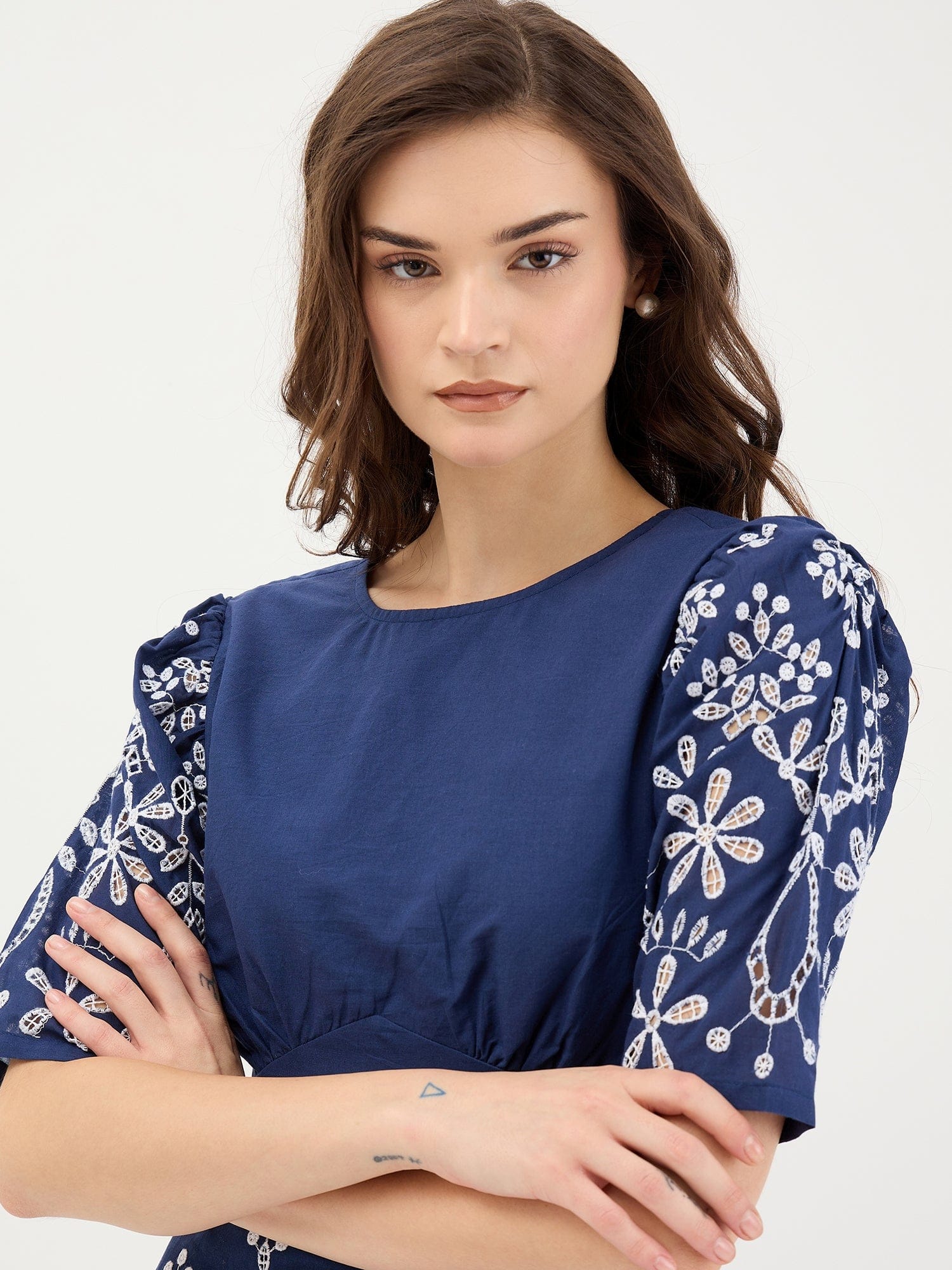 Elle Women Blue Schiffli Round Neck Dress - Image 4