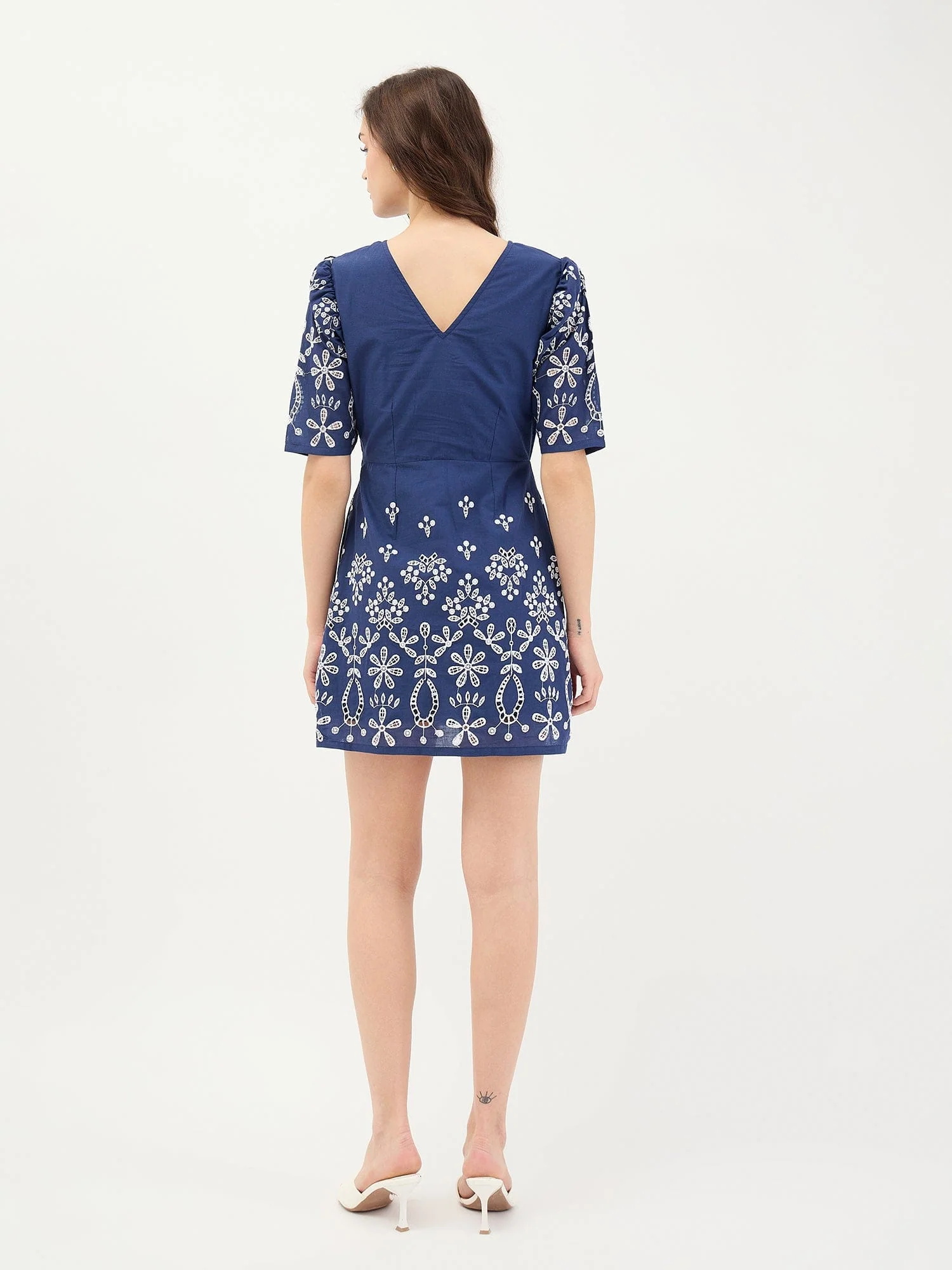 Elle Women Blue Schiffli Round Neck Dress - Image 5