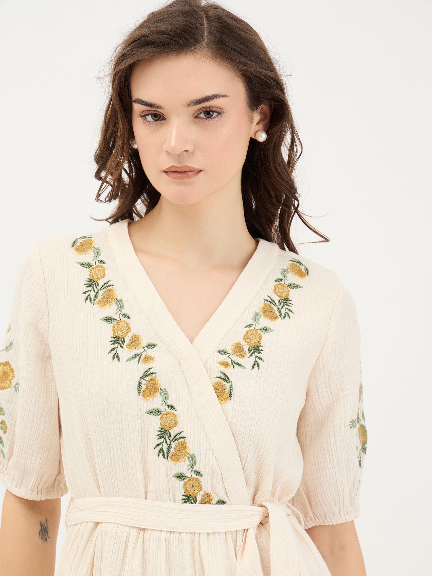 Elle Women White Embroidered V Neck Dress - Image 4