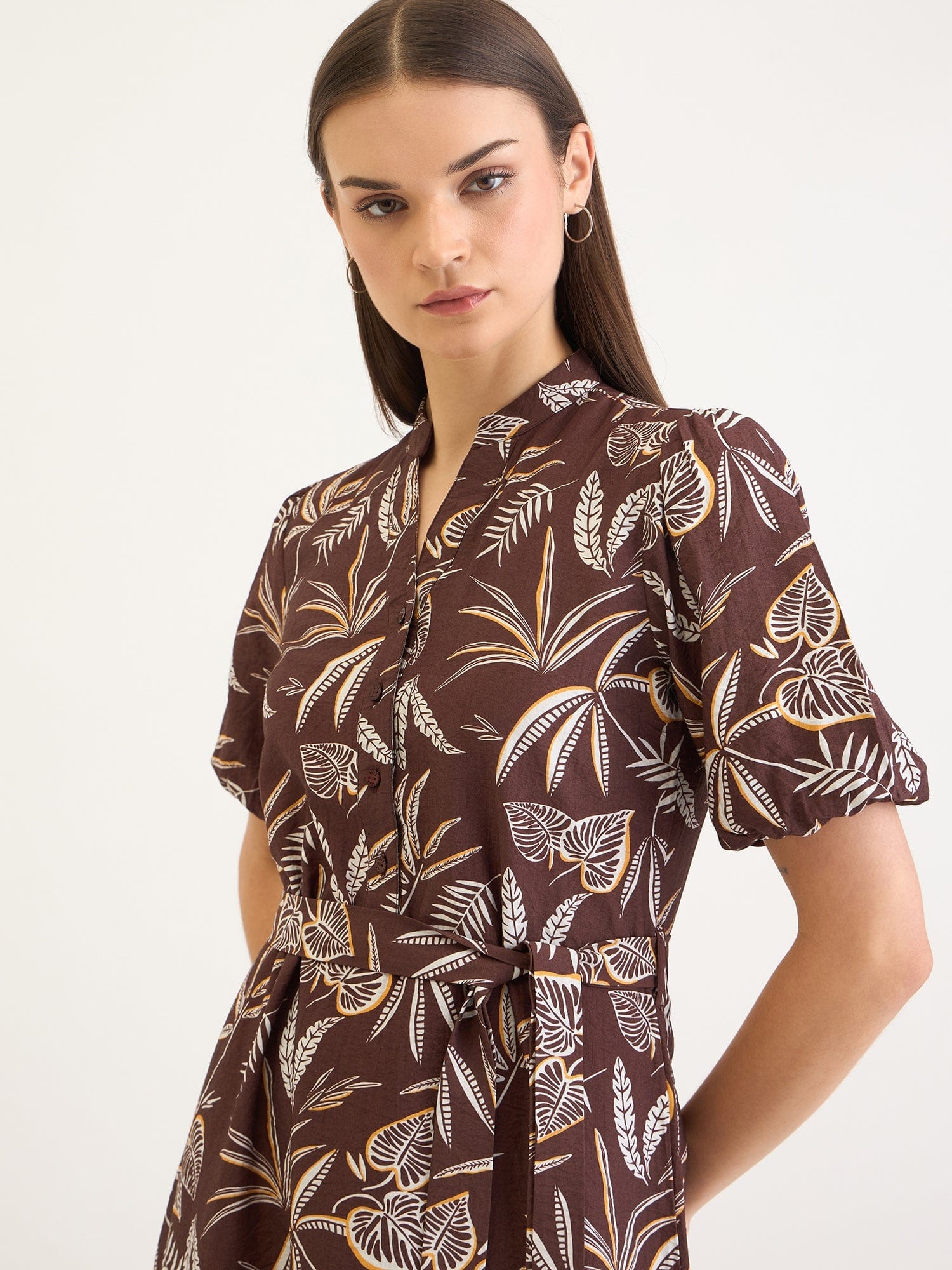 Elle Women Brown Aop V Neck Dress - Image 5