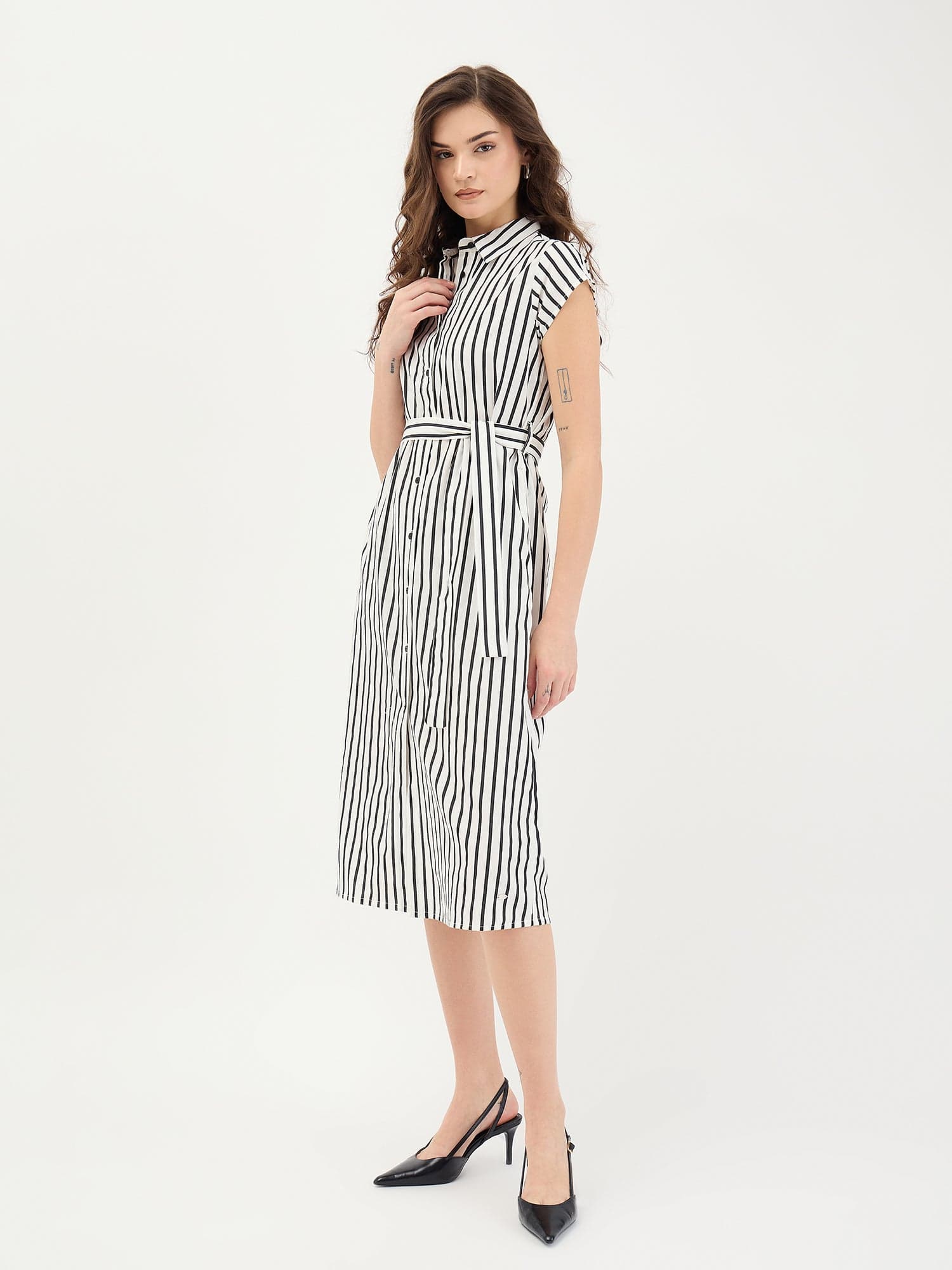 Elle Women Black Striped Collar Dress - Image 3