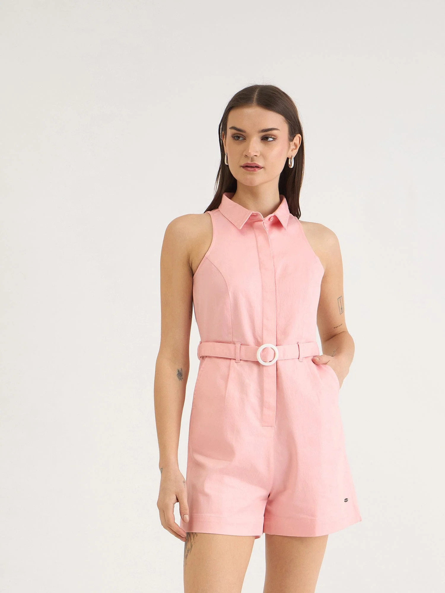 Elle Women Pink Solid Collar Playsuit - Image 2