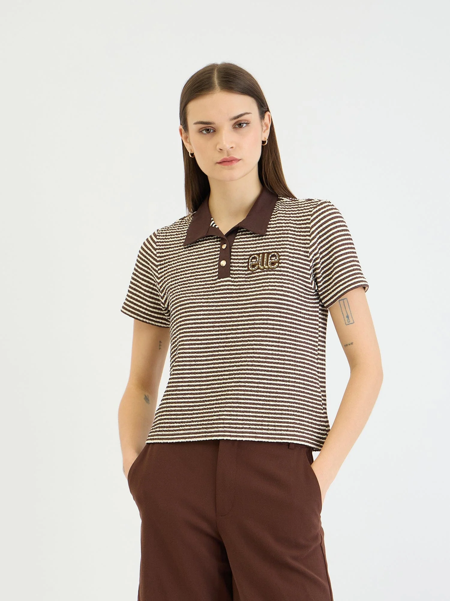 Elle Women Brown Striped Polo Tshirt