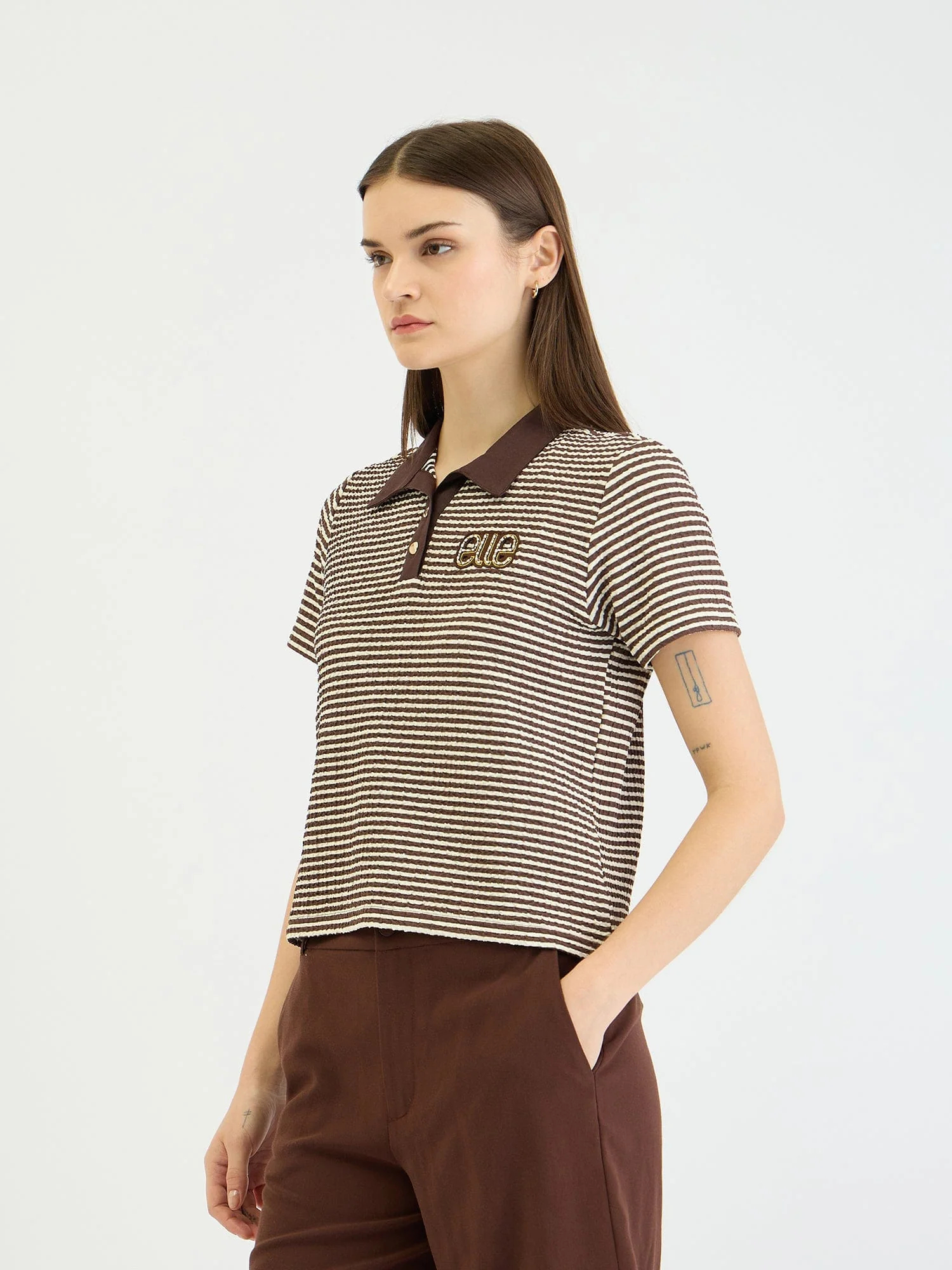 Elle Women Brown Striped Polo Tshirt - Image 6