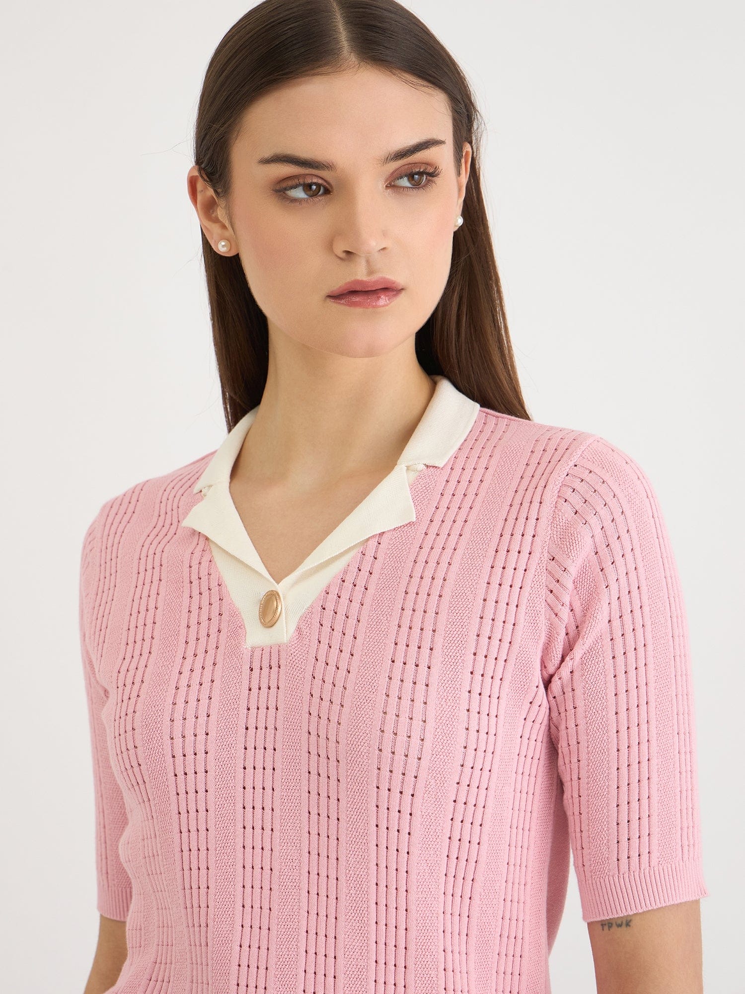 Elle Women Pink Knitted Polo Tshirt - Image 4