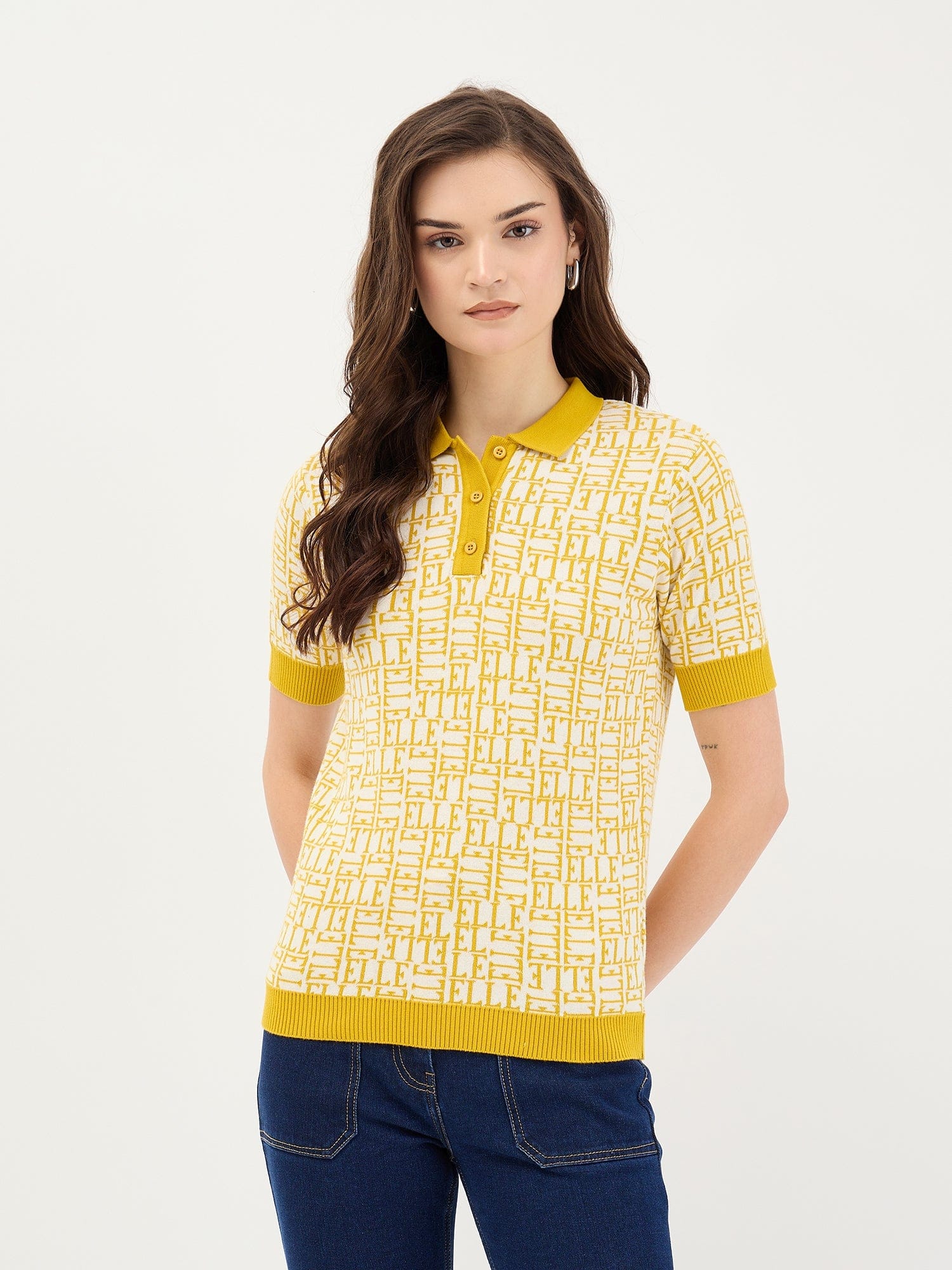 Elle Women White Knitted Polo Tshirt