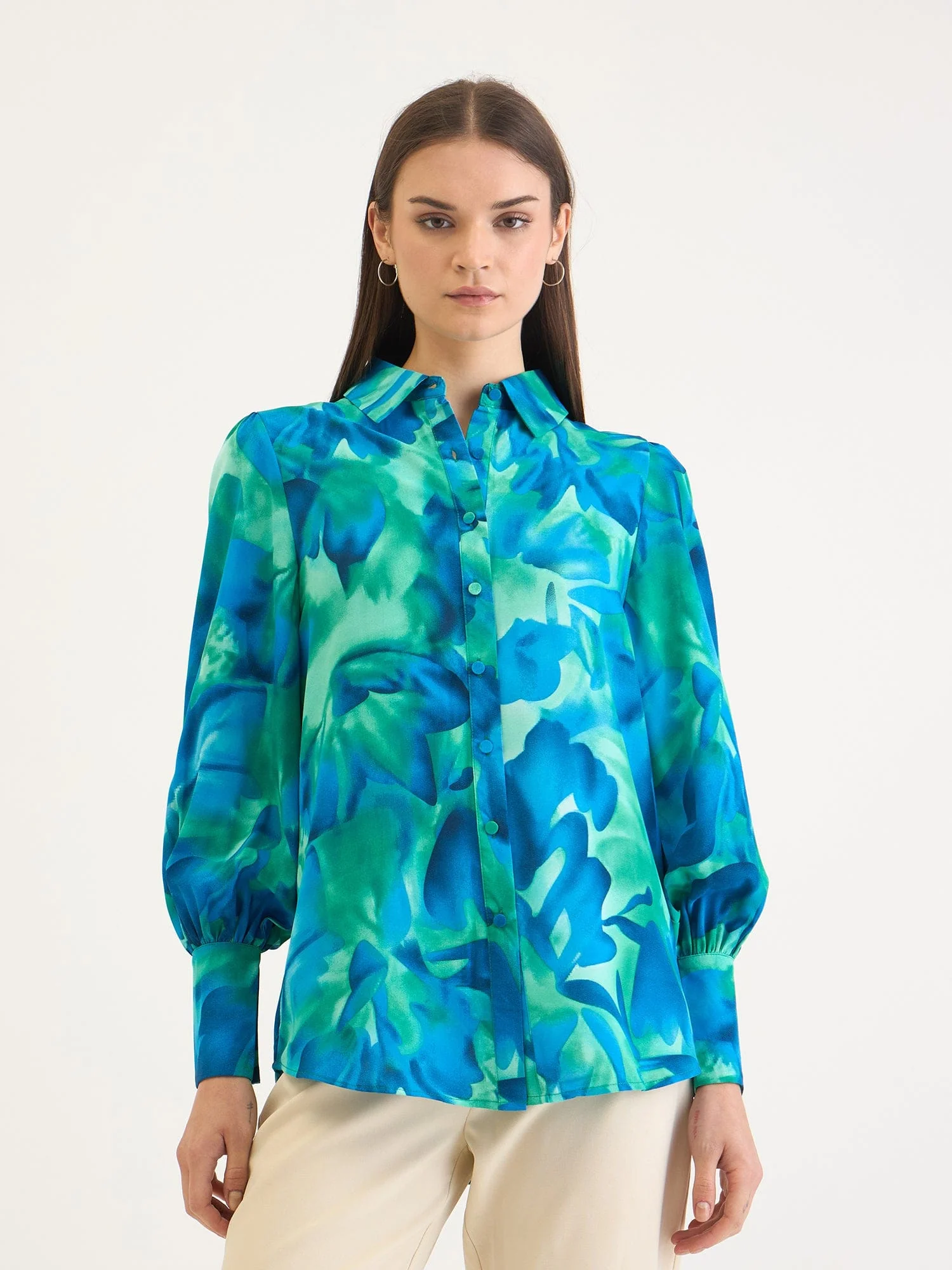 Elle Women Blue Printed Collar Shirt