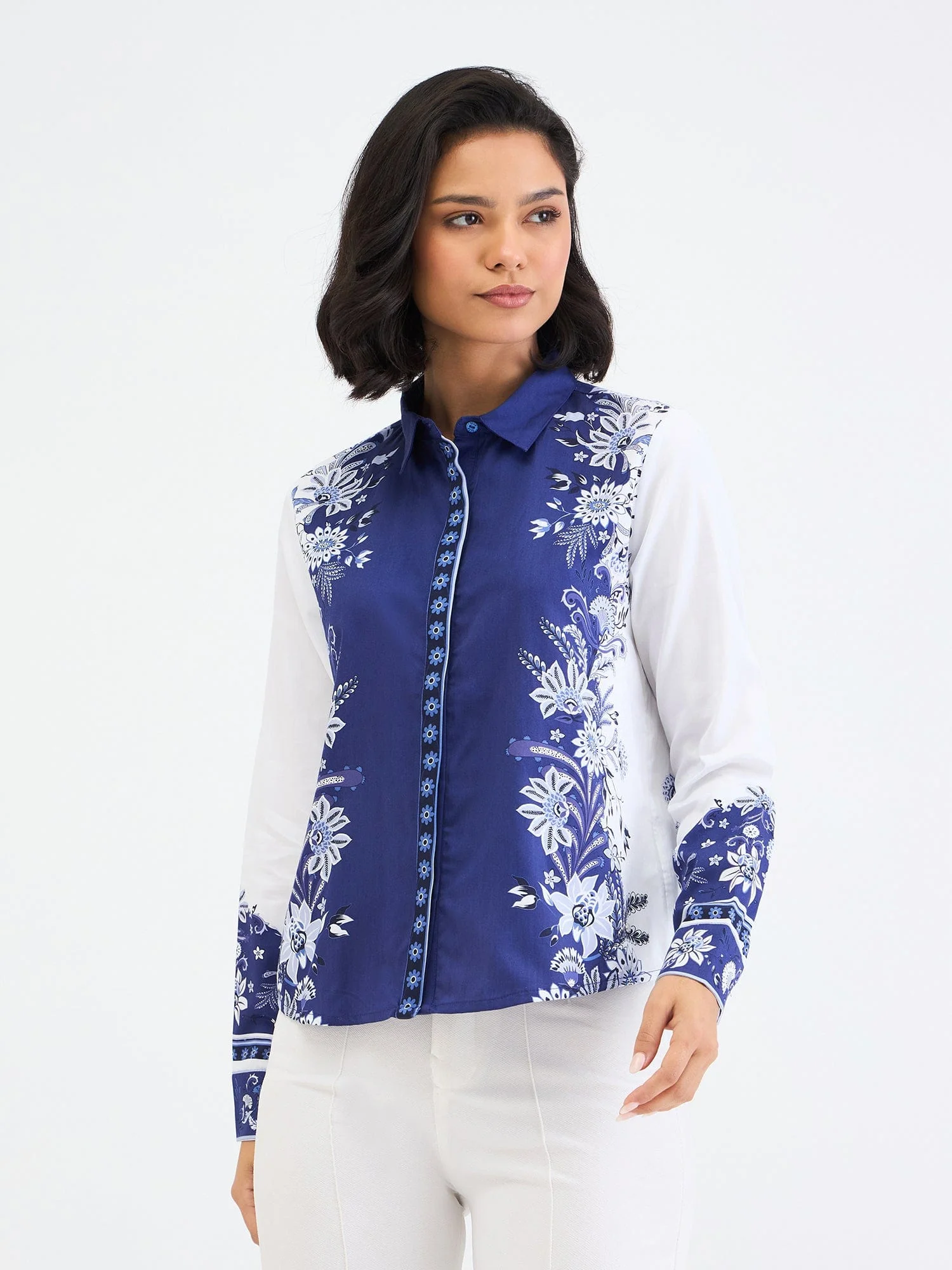 Elle Women Blue Printed Collar Shirt