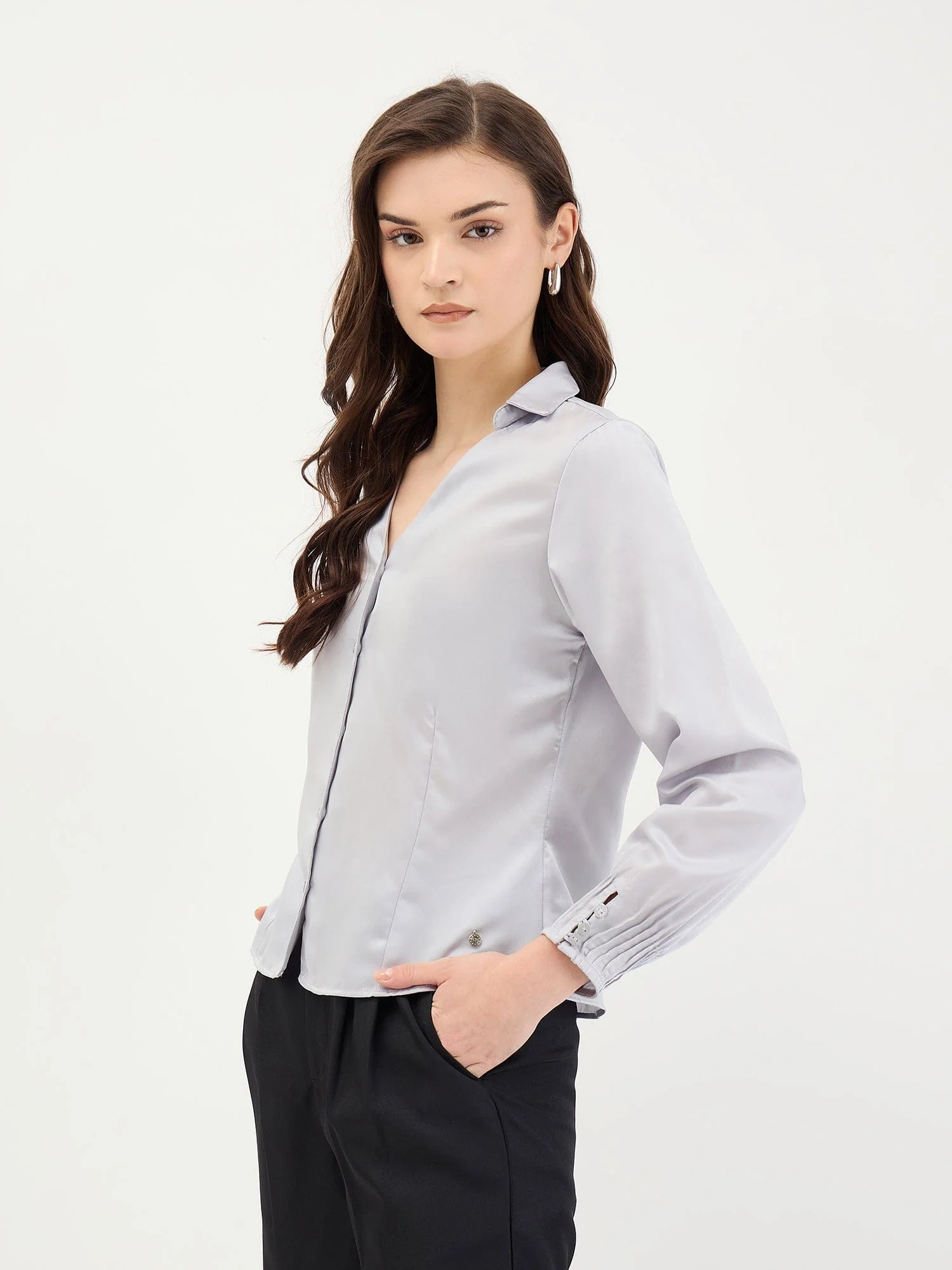 Elle Women Grey Solid V Neck Shirt - Image 3