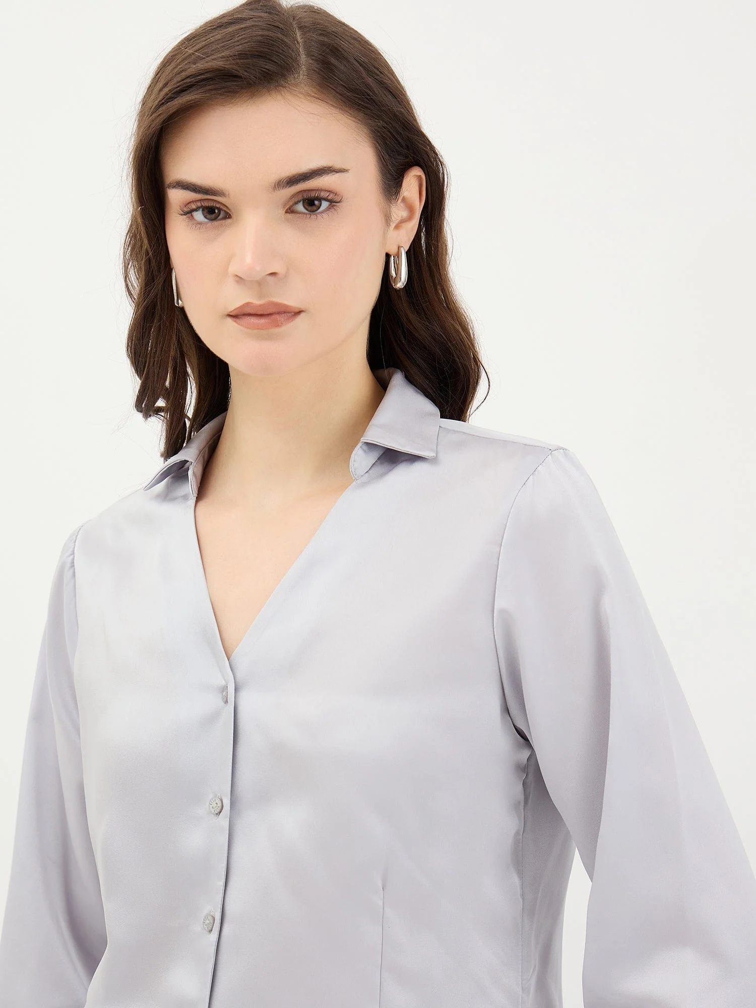 Elle Women Grey Solid V Neck Shirt - Image 4