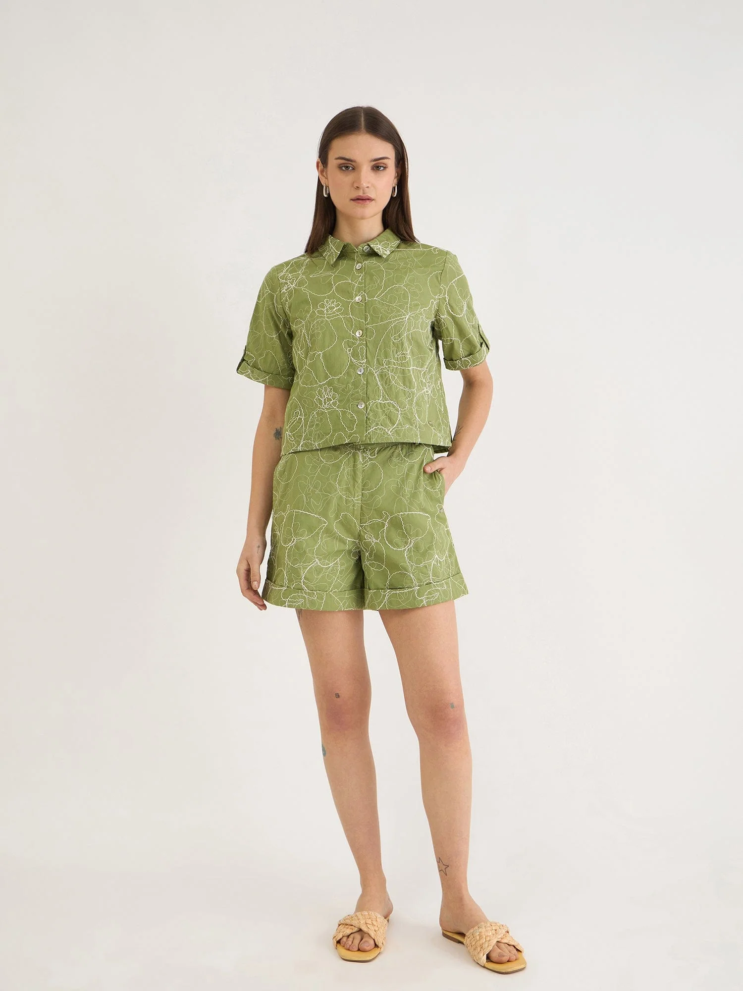 Elle Women Green Relaxed Fit Embroidered Shorts - Image 2