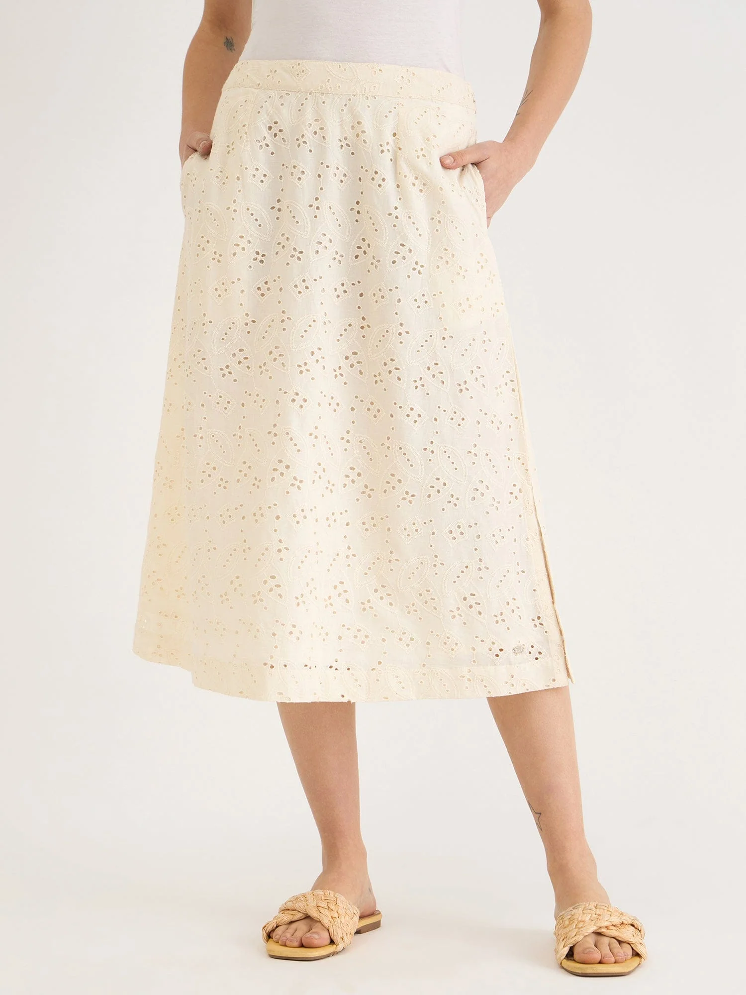 Elle Women WHITE Fit & Flare Schiffli Skirt