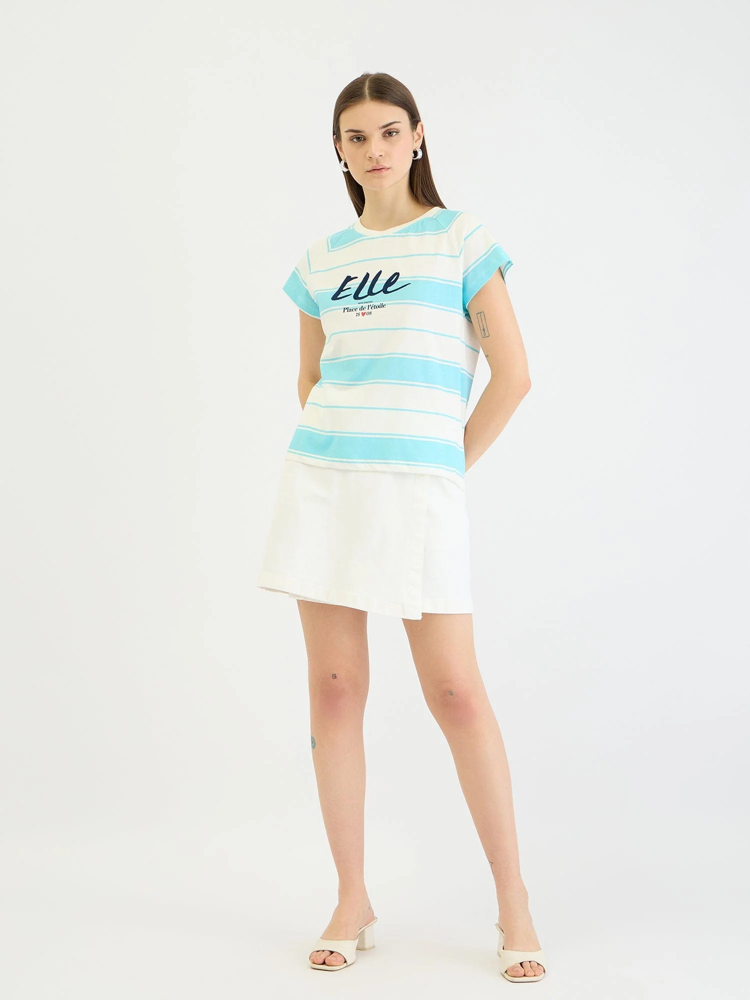 Elle Women Blue Striped Crew Neck Tshirt - Image 2