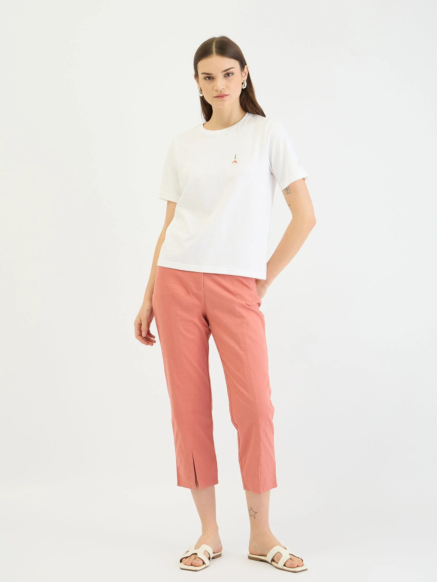 Elle Women White Solid Round Neck Tshirt - Image 2