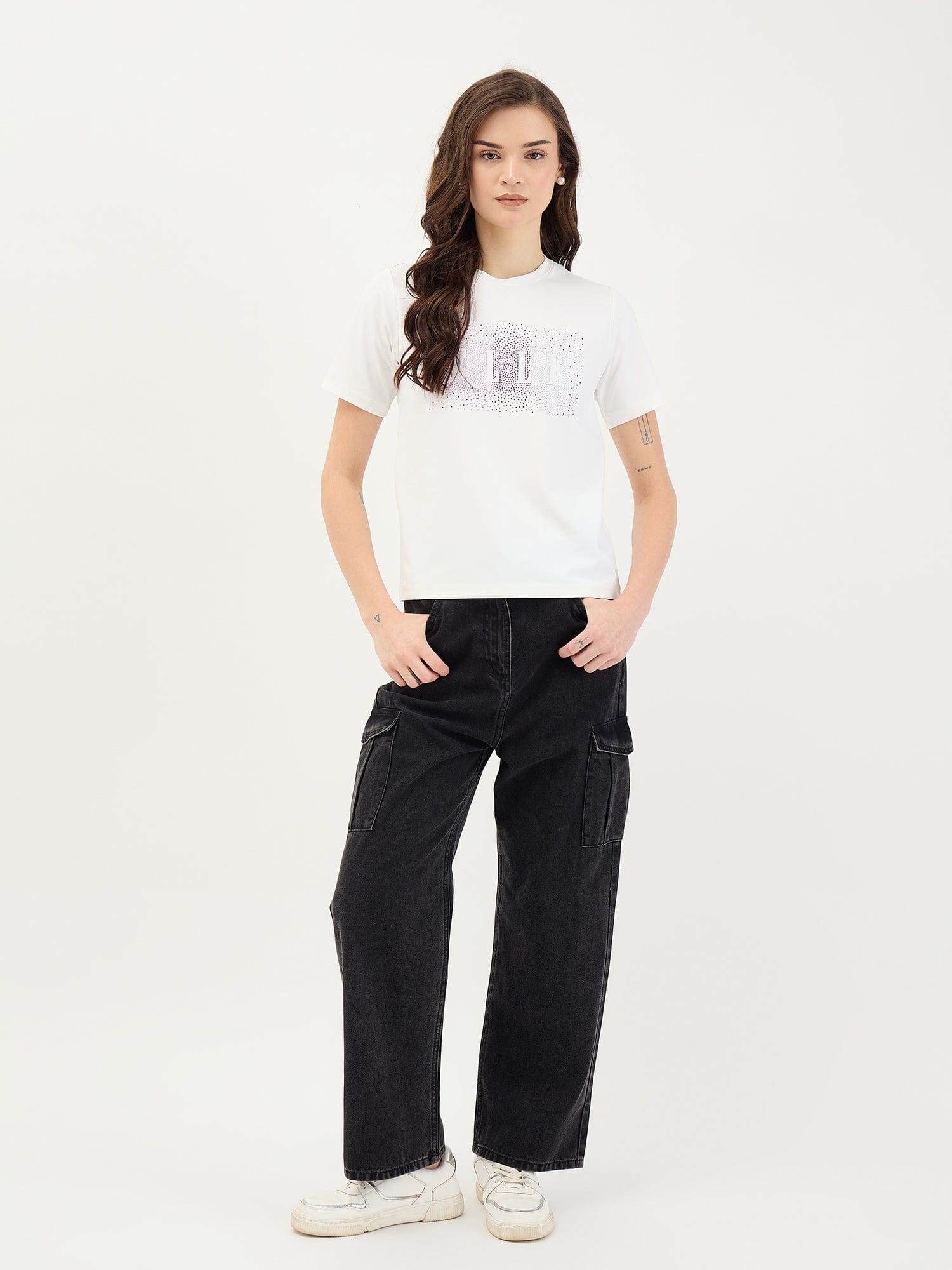 Elle Women White Solid Round Neck TShirt - Image 2