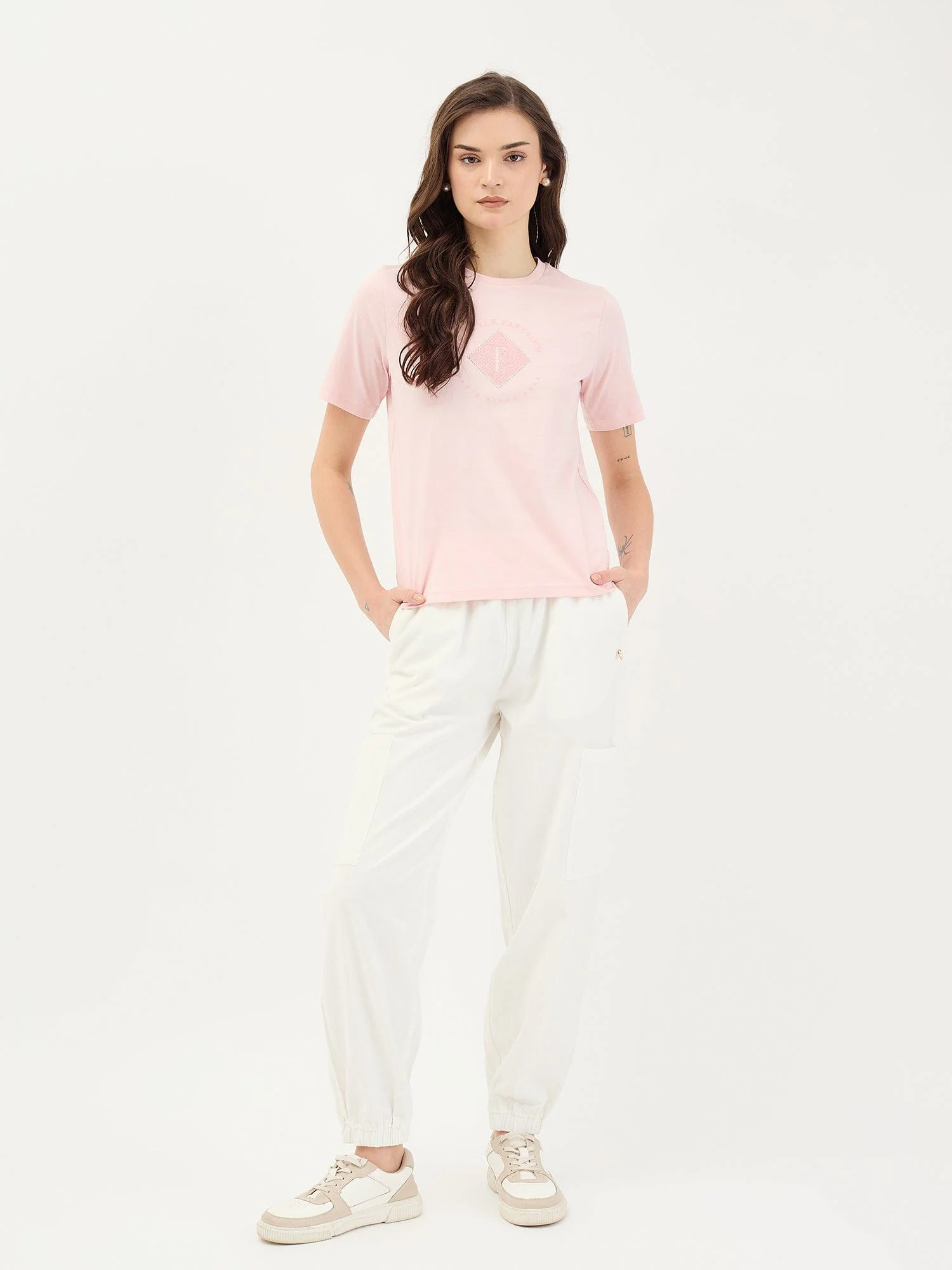 Elle Women Pink Solid Crew Neck TShirt - Image 2