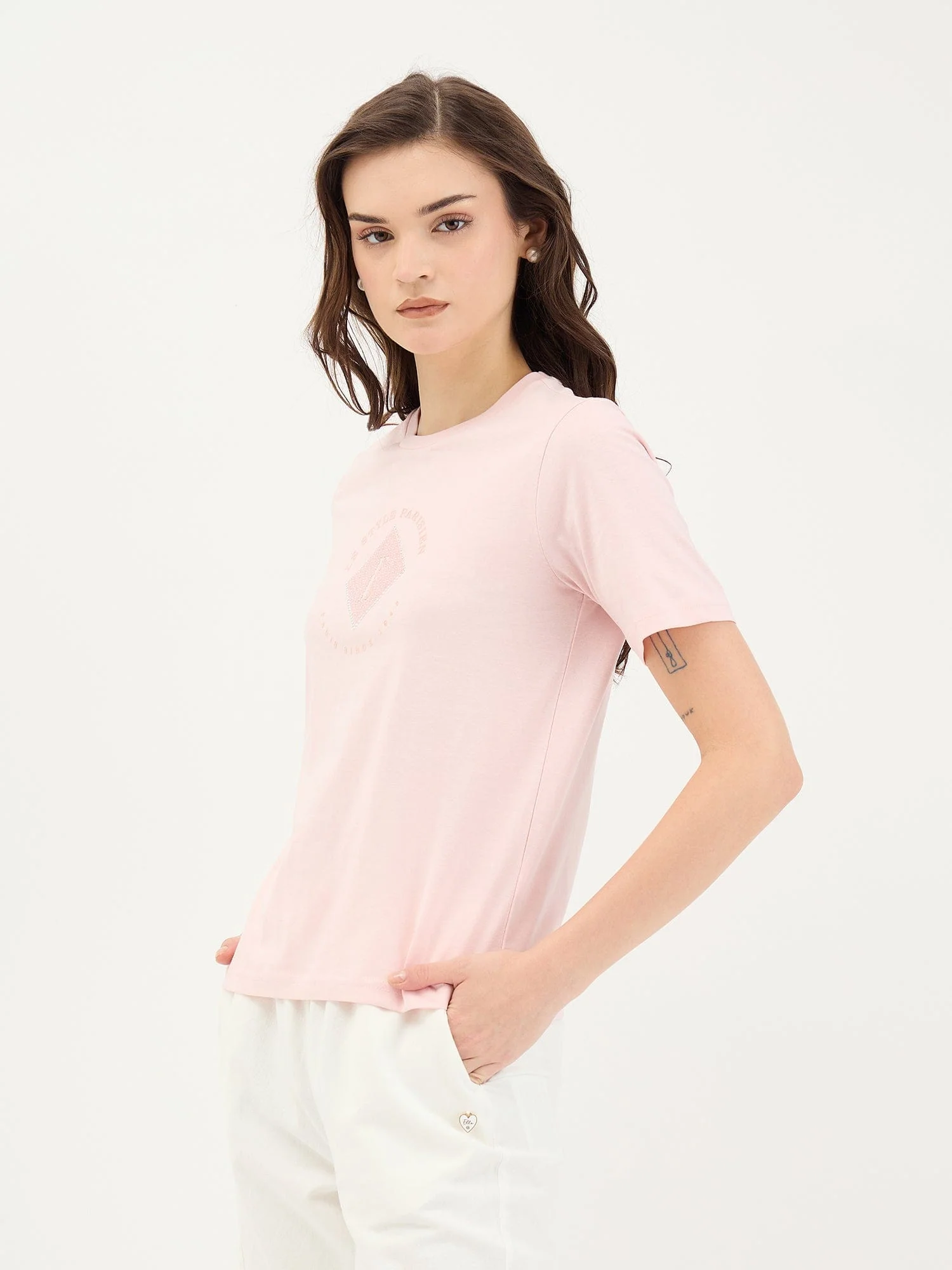 Elle Women Pink Solid Crew Neck TShirt - Image 3