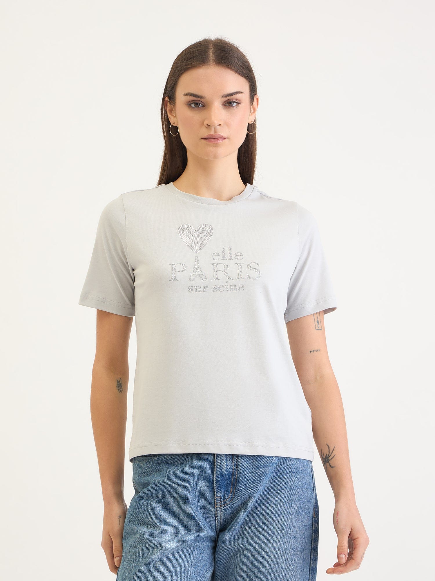 Elle Women Grey Solid Crew Neck TShirt