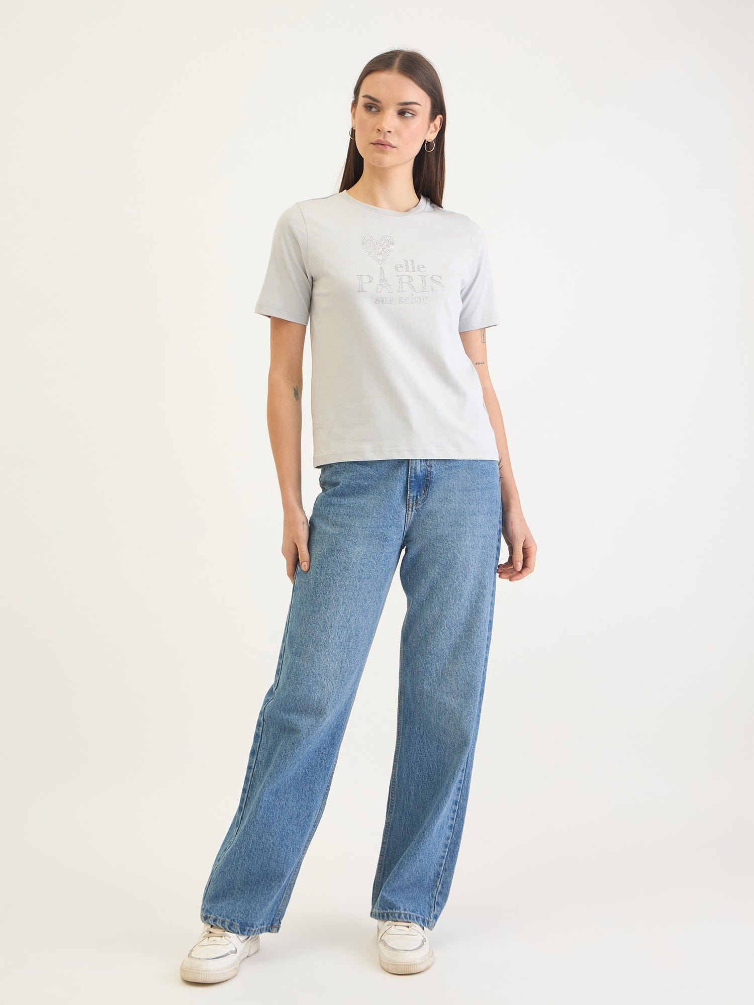 Elle Women Grey Solid Crew Neck TShirt - Image 2