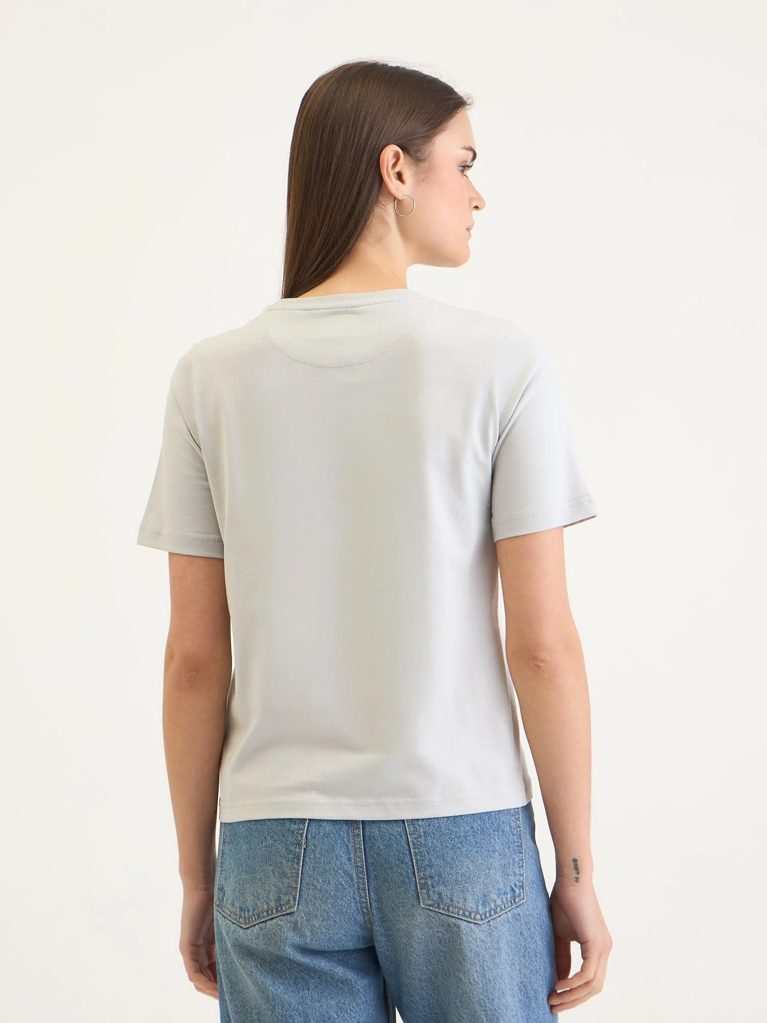 Elle Women Grey Solid Crew Neck TShirt - Image 3