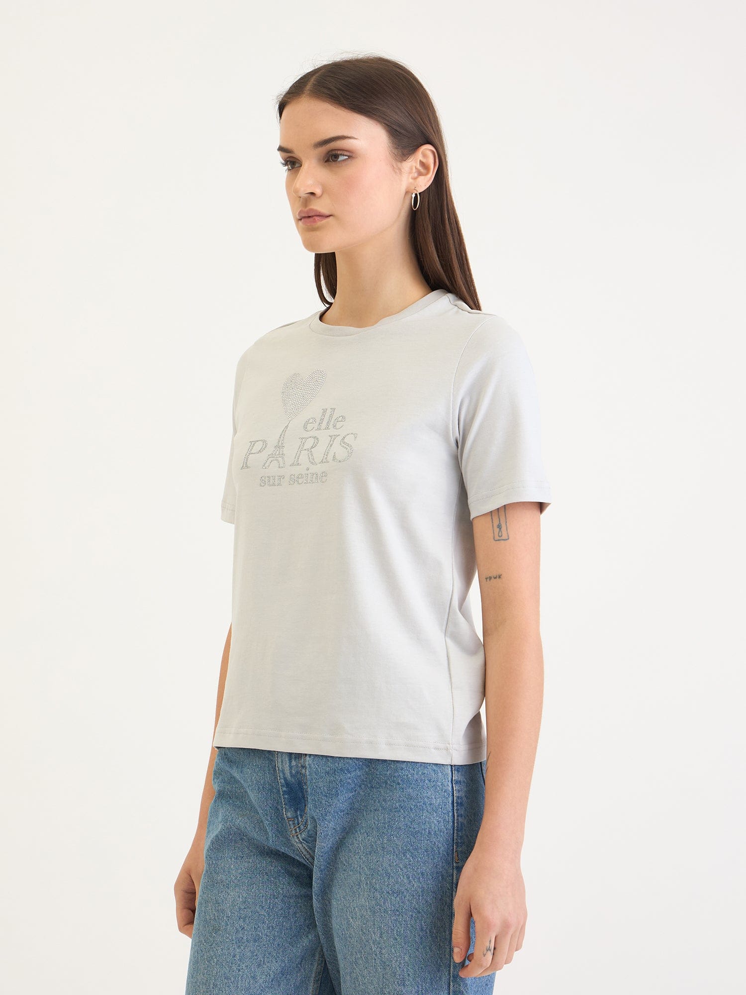 Elle Women Grey Solid Crew Neck TShirt - Image 4