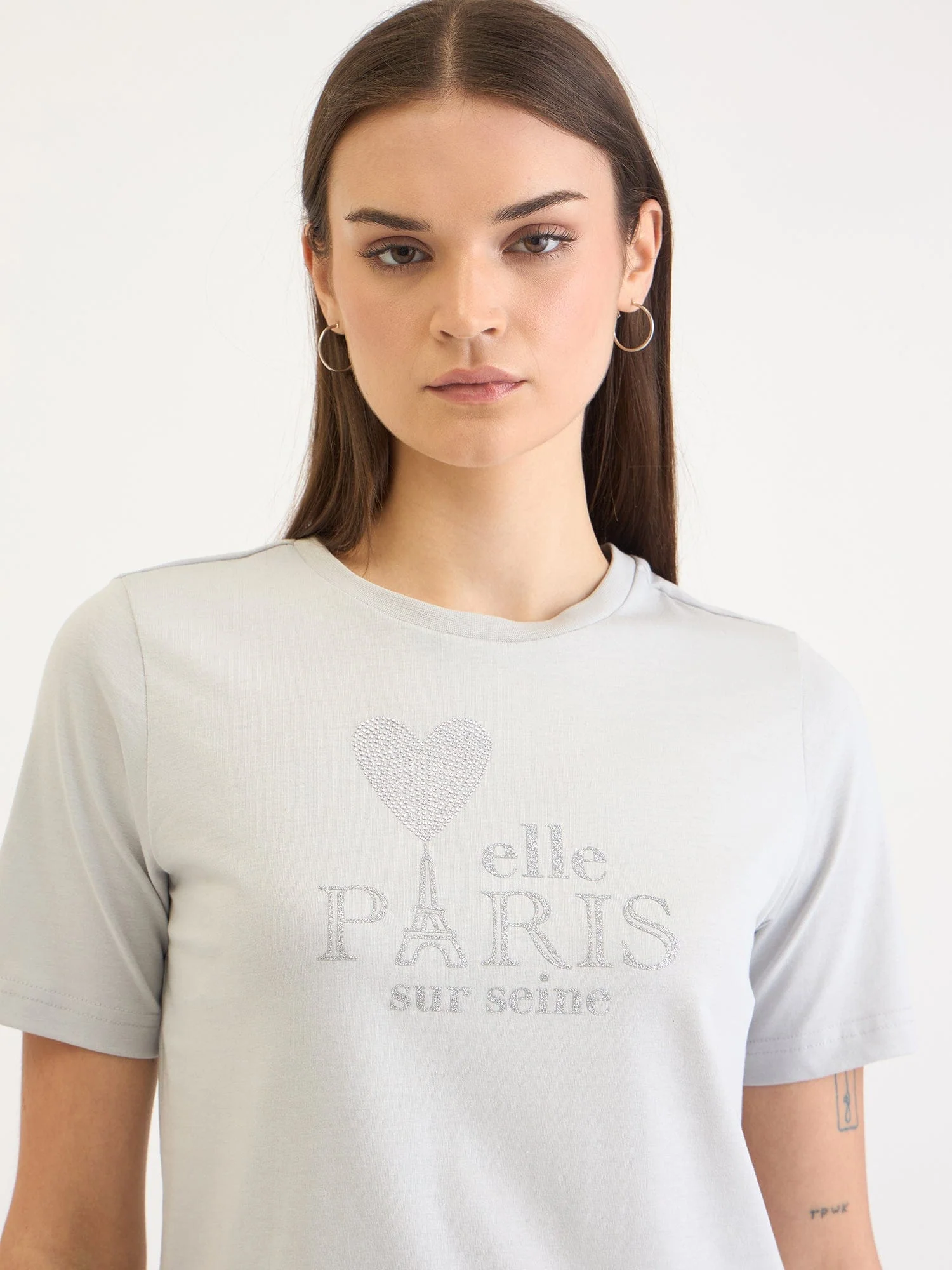 Elle Women Grey Solid Crew Neck TShirt - Image 5