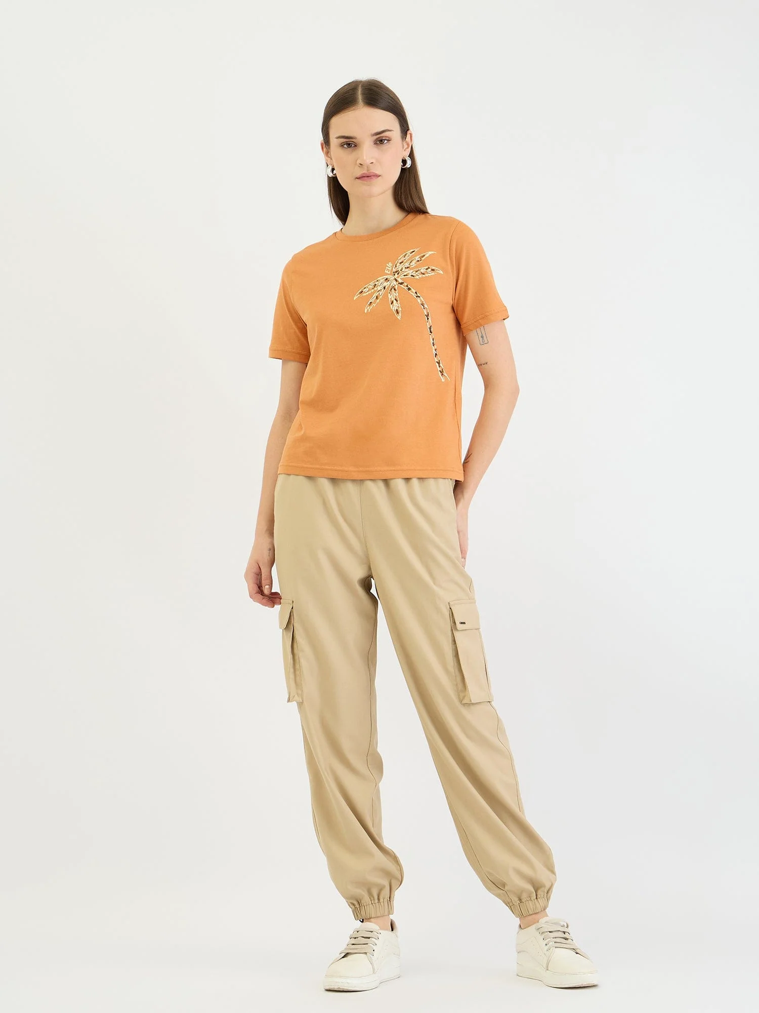 Elle Women Brown Solid Crew Neck Tshirt - Image 2