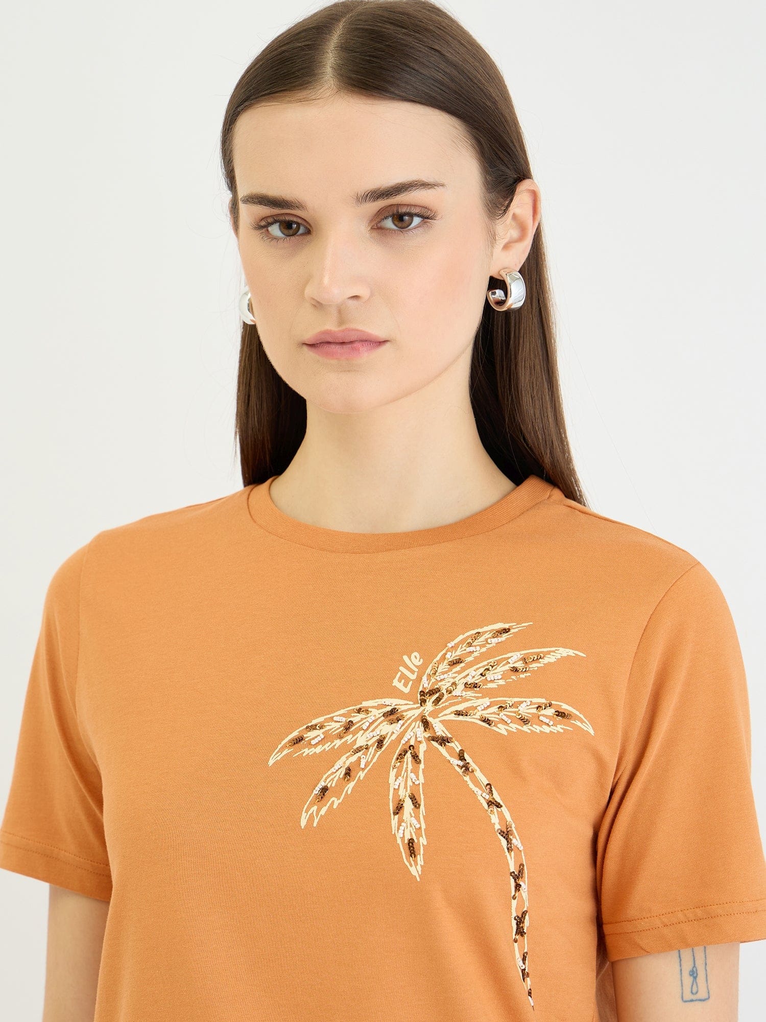 Elle Women Brown Solid Crew Neck Tshirt - Image 4