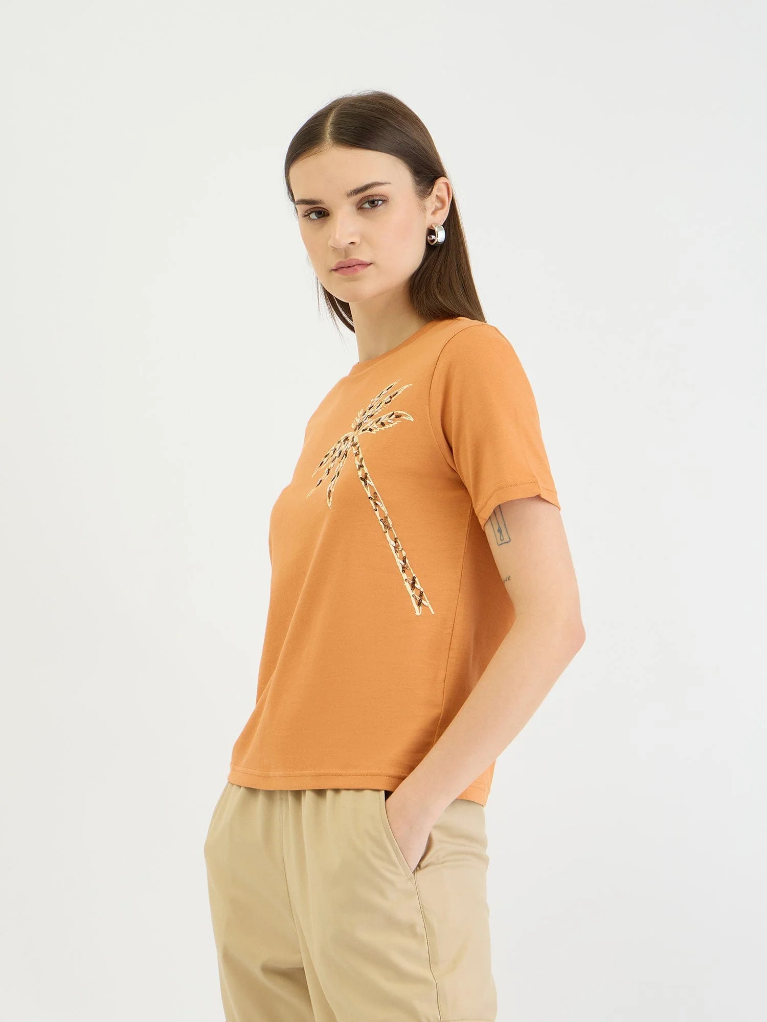 Elle Women Brown Solid Crew Neck Tshirt - Image 5