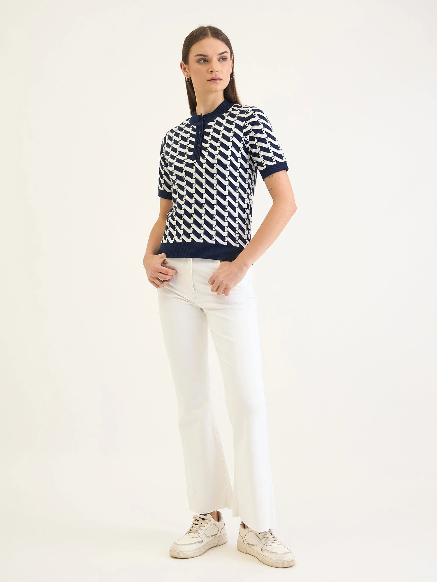 Elle Women White Knitted Collar TShirt - Image 2