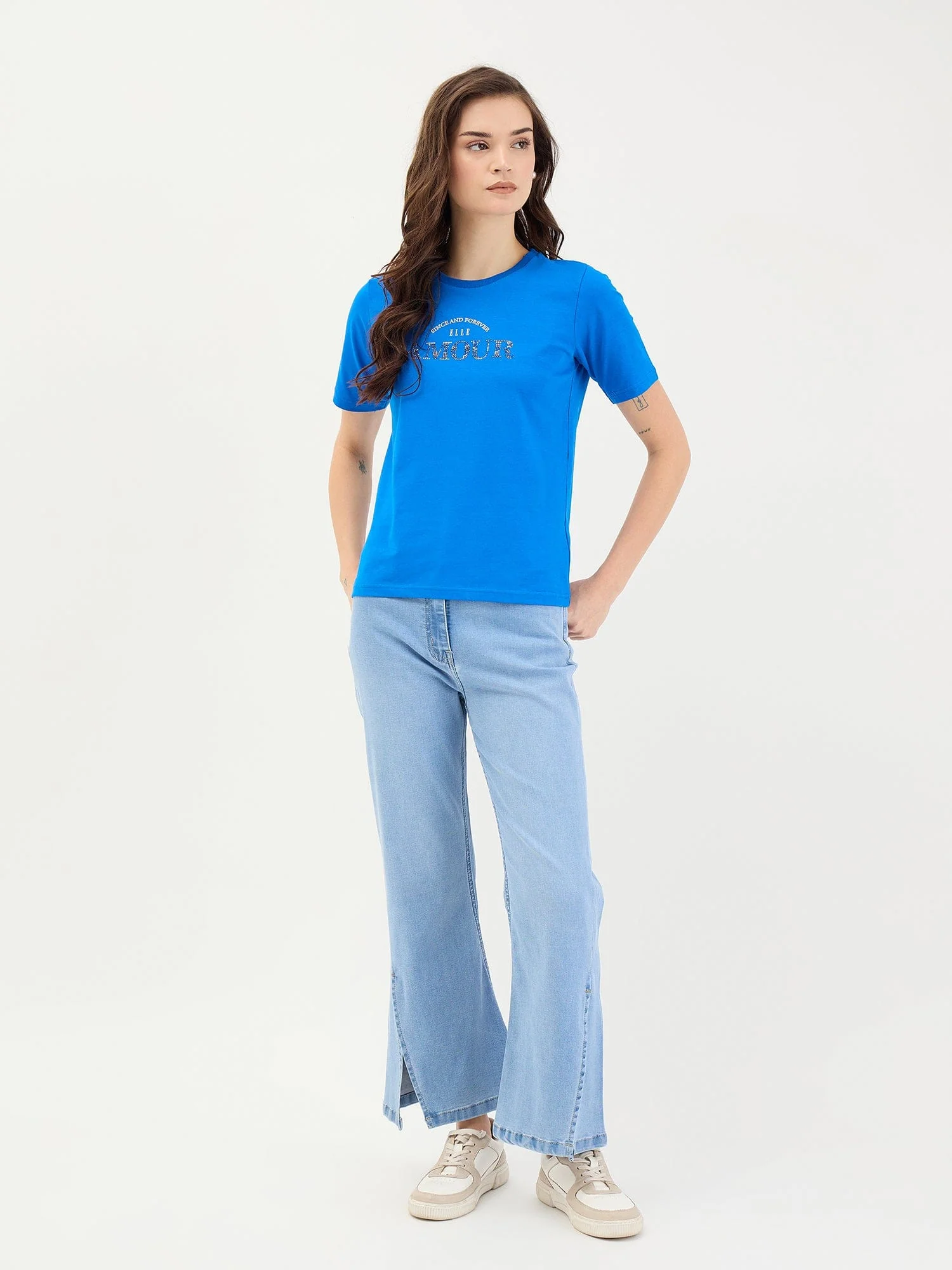 Elle Women Blue Solid Crew Neck TShirt - Image 2