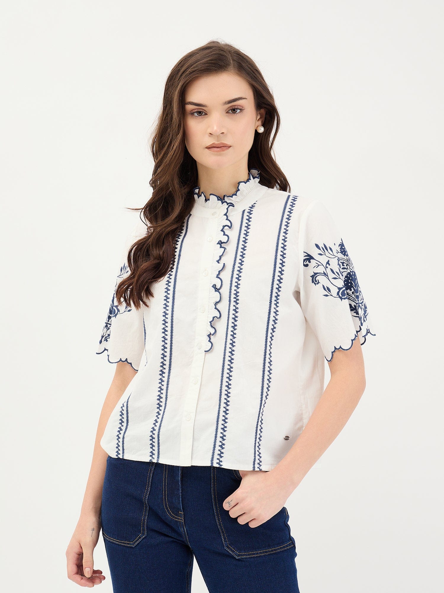 Elle Women White Embroidered Round Neck Top