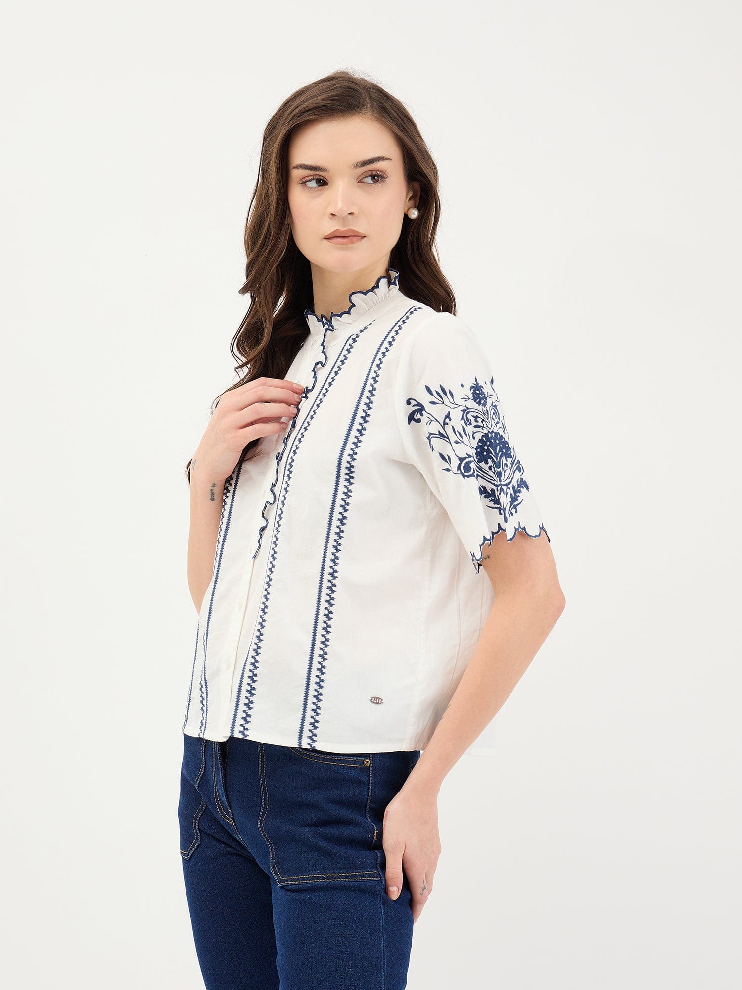 Elle Women White Embroidered Round Neck Top - Image 3