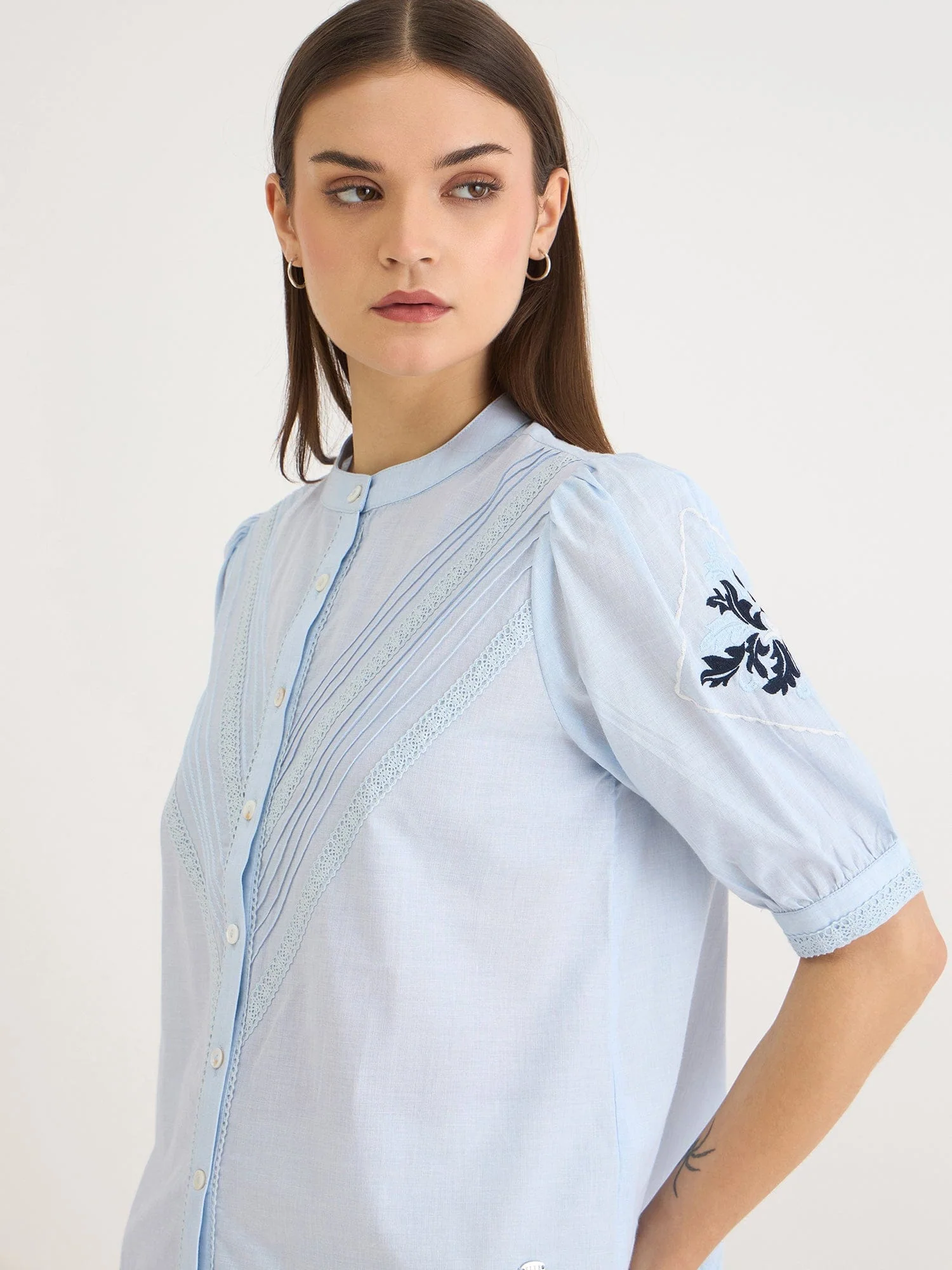 Elle Women Blue Embroidered Collar Top - Image 4