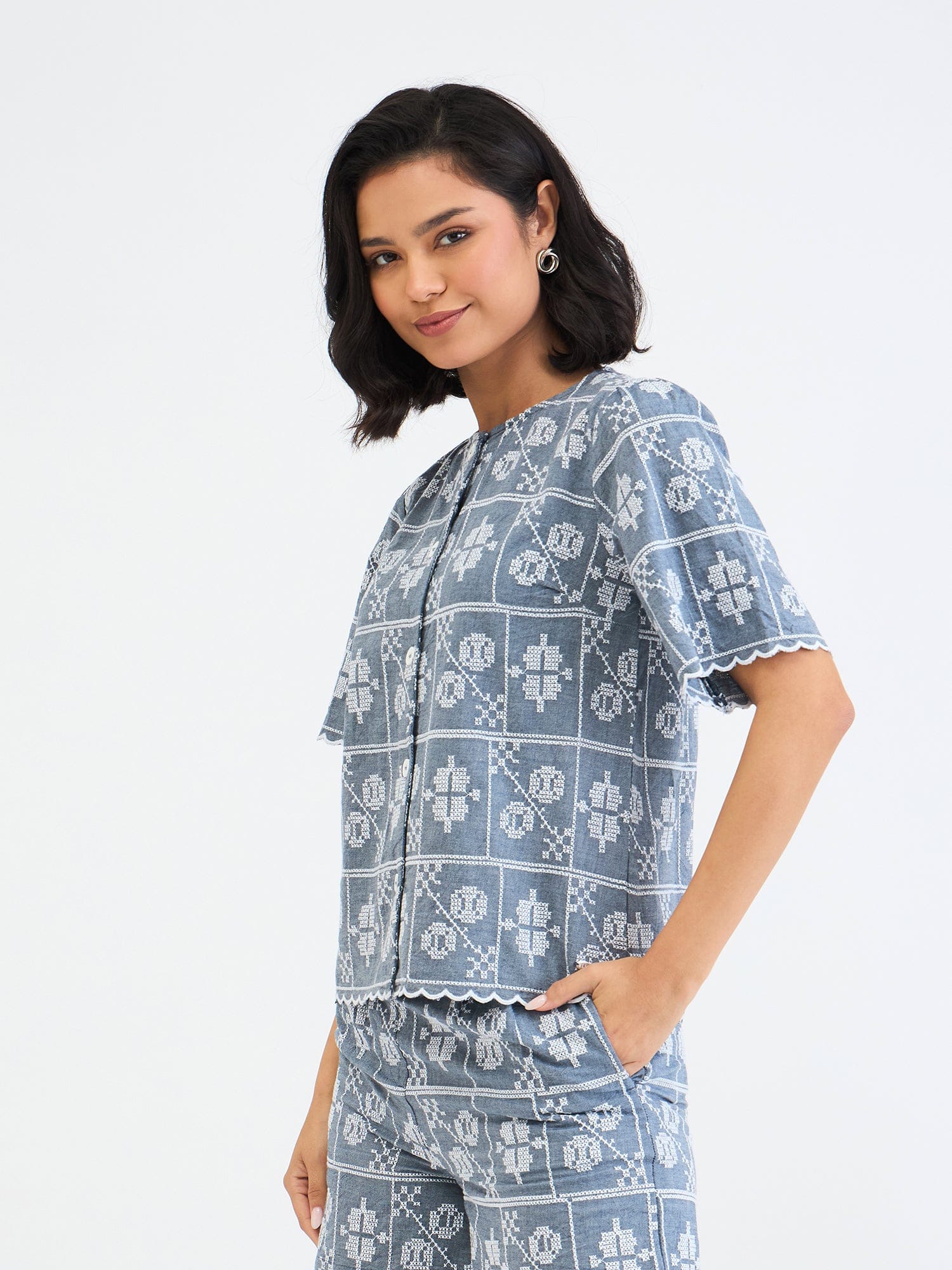 Elle Women Blue Embroidered Round Neck Top - Image 2