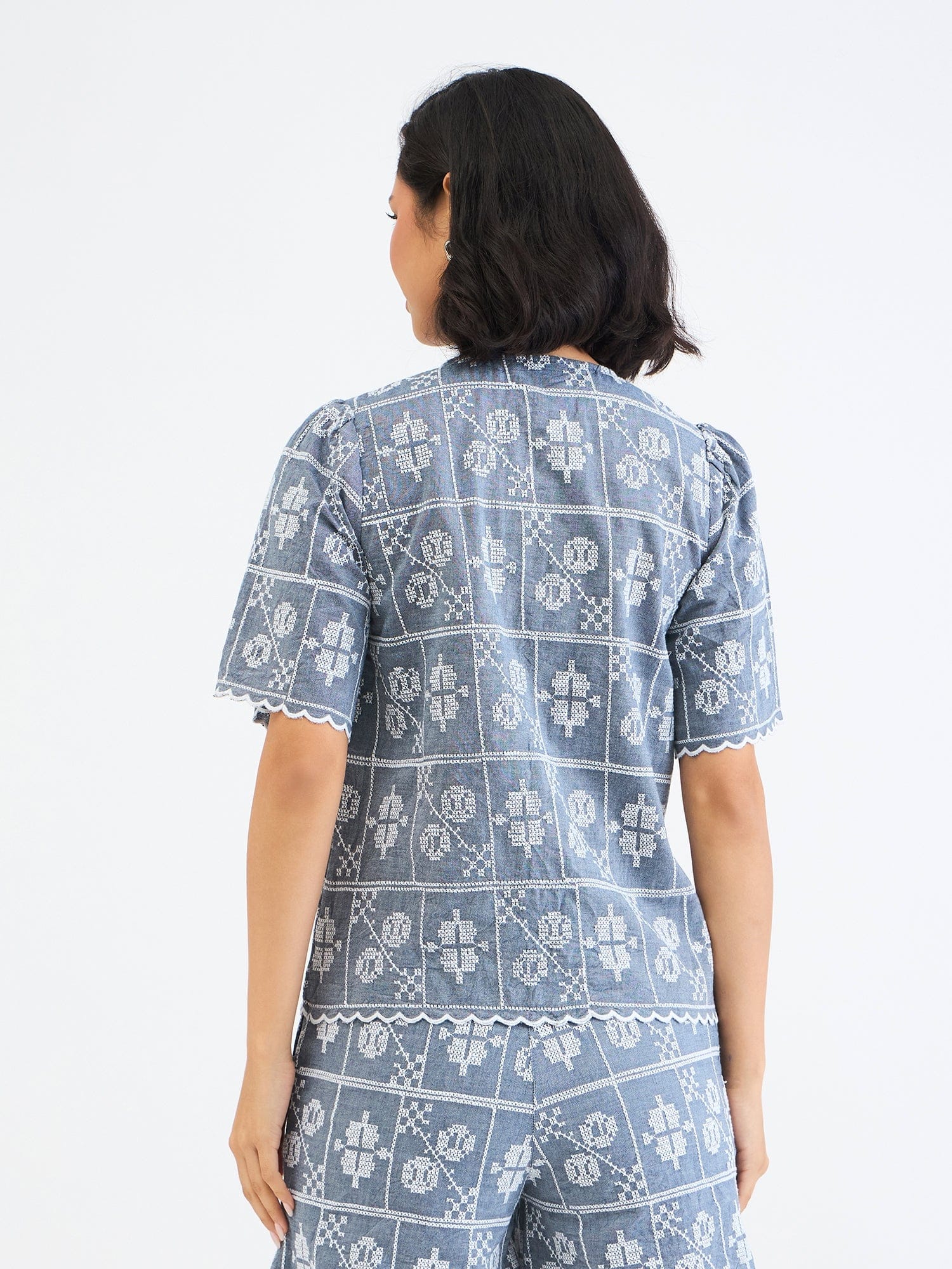Elle Women Blue Embroidered Round Neck Top - Image 3