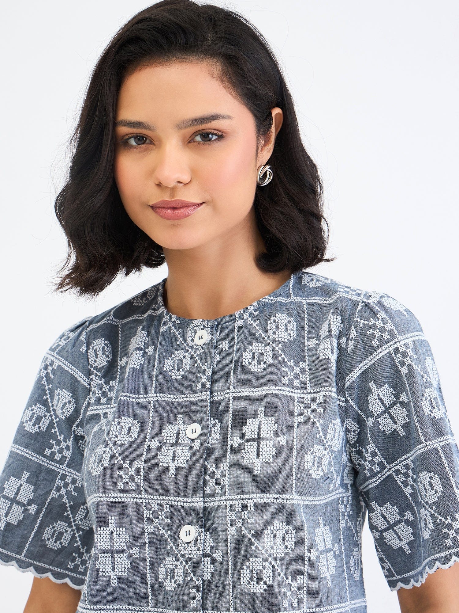 Elle Women Blue Embroidered Round Neck Top - Image 4