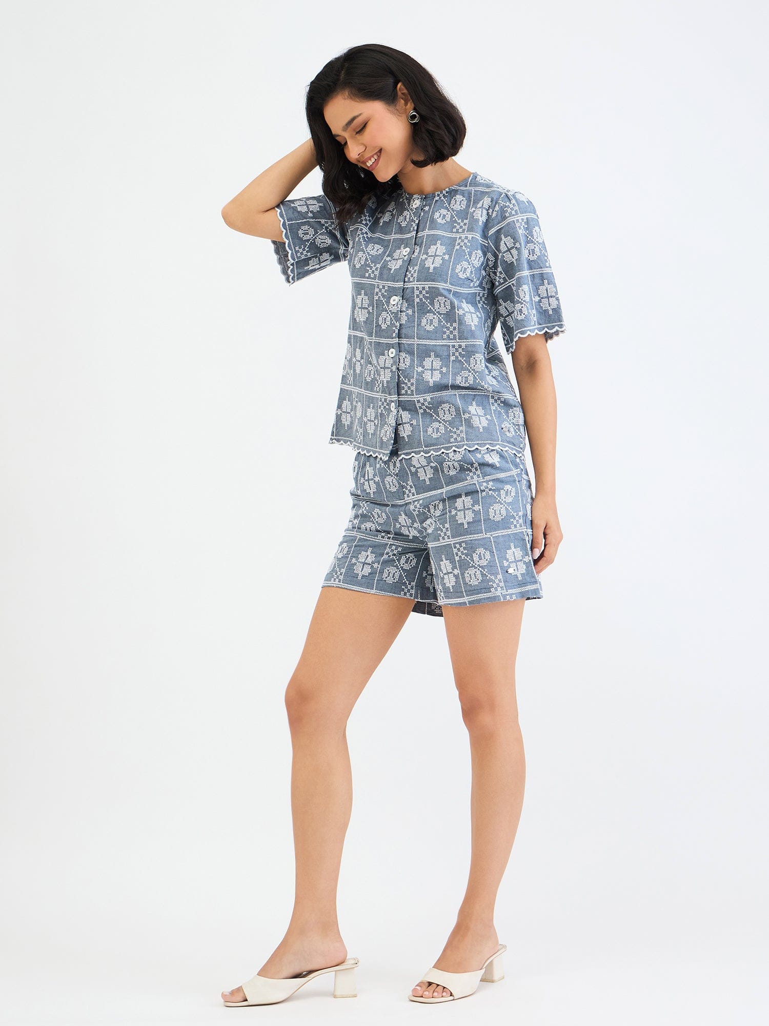 Elle Women Blue Embroidered Round Neck Top - Image 5