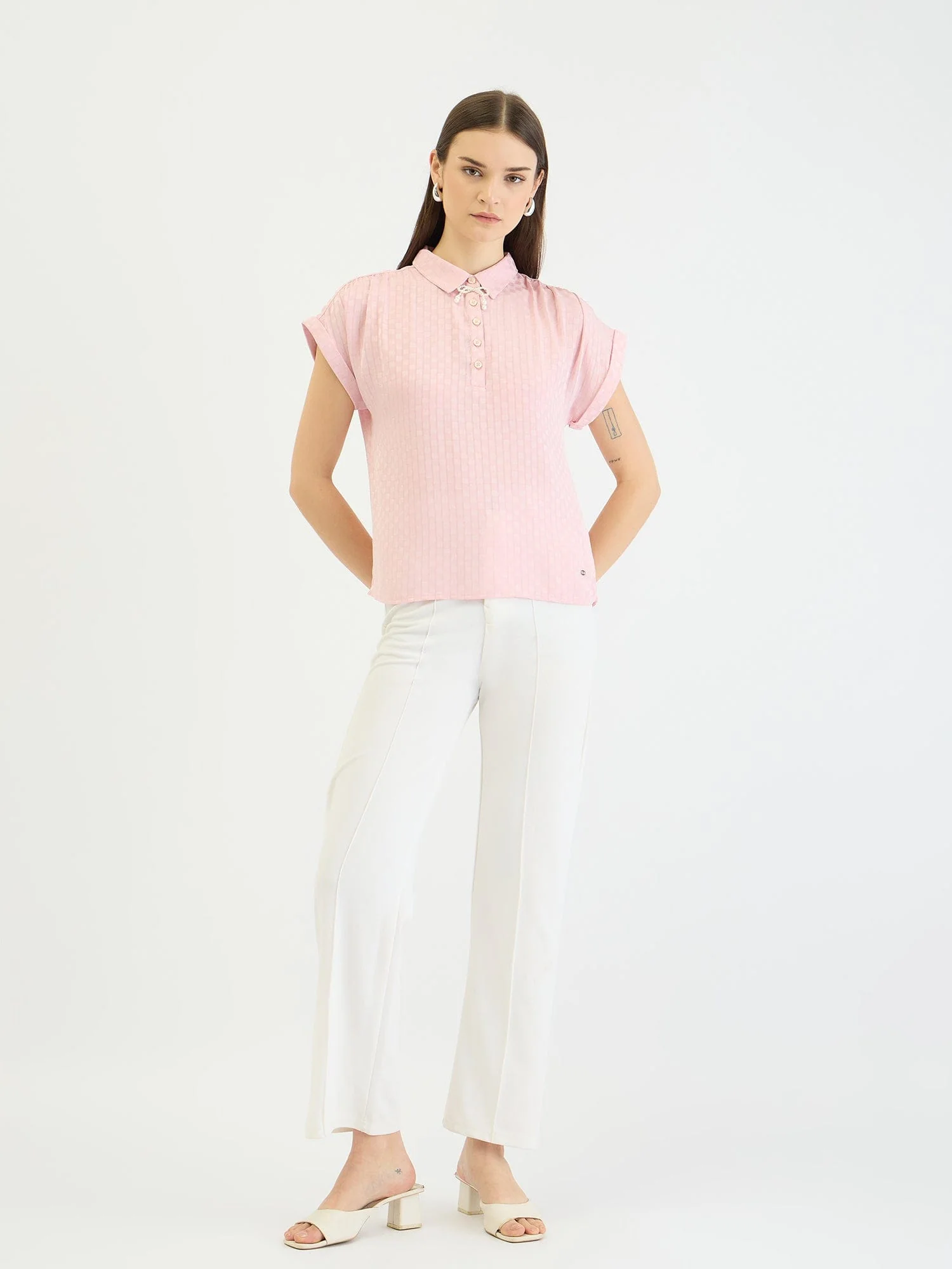Elle Women Pink Check Collar Top - Image 2