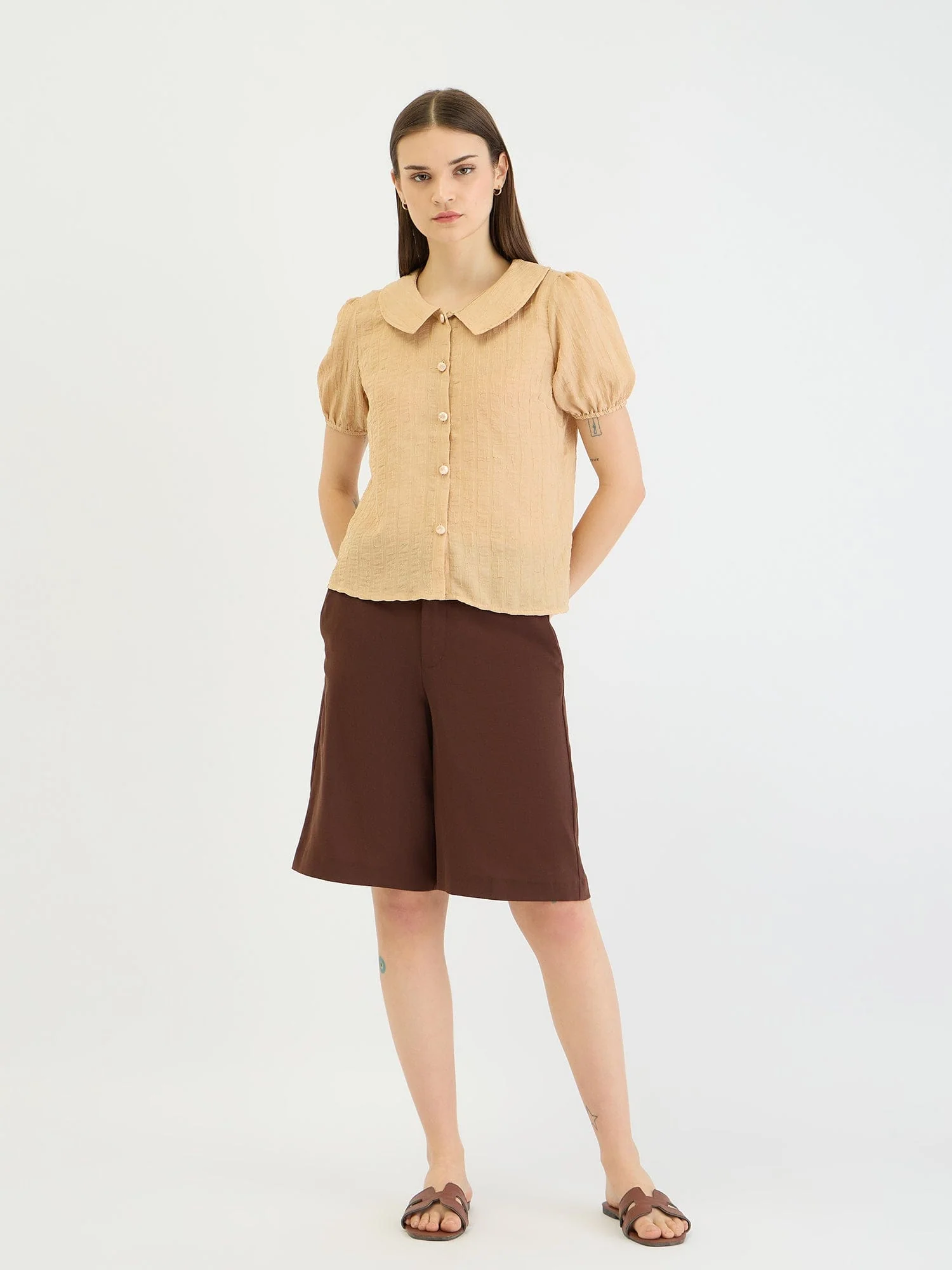 Elle Women Beige Textured Collar Top - Image 2