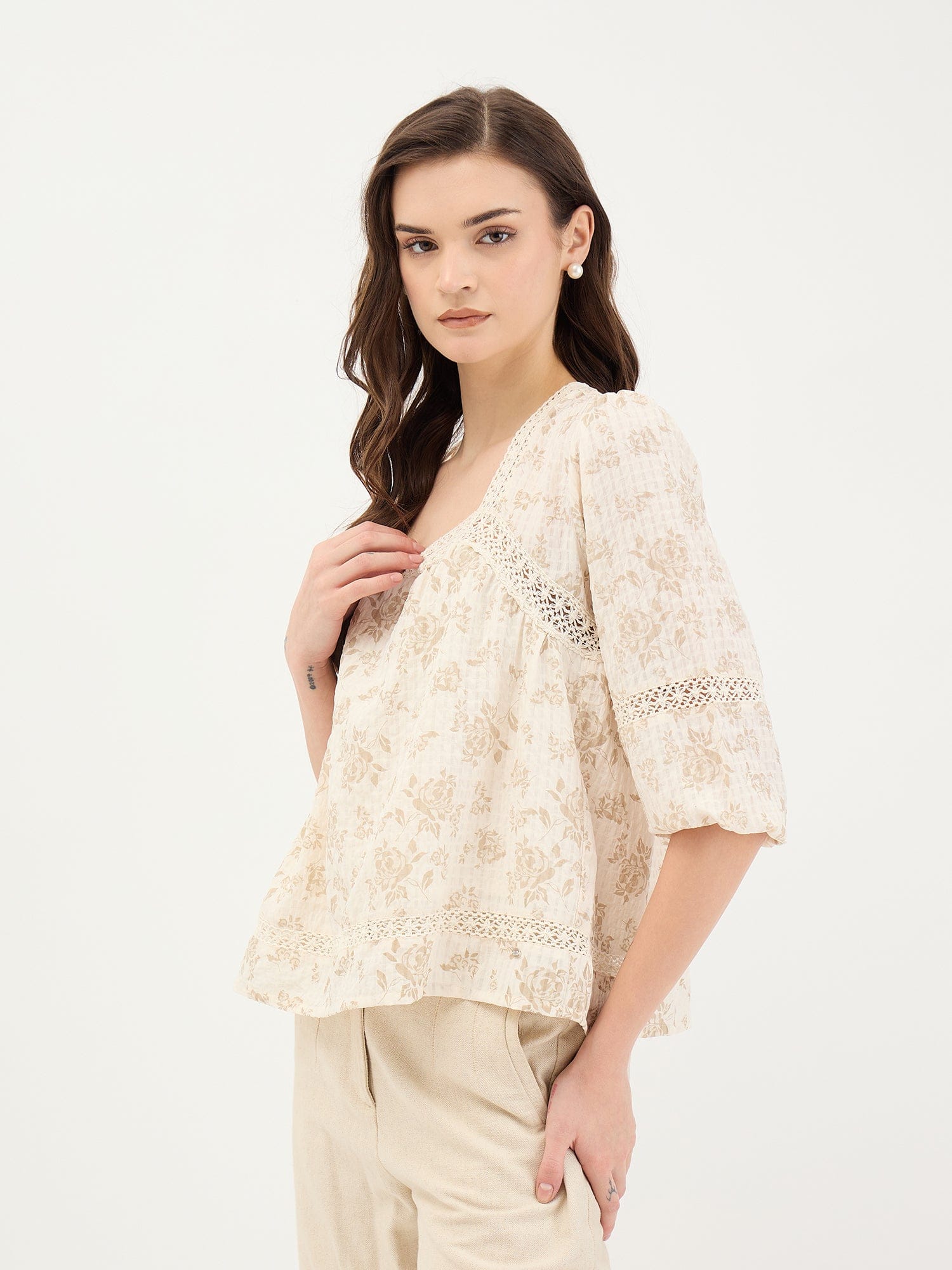 Elle Women White Printed Square Neck Top - Image 3