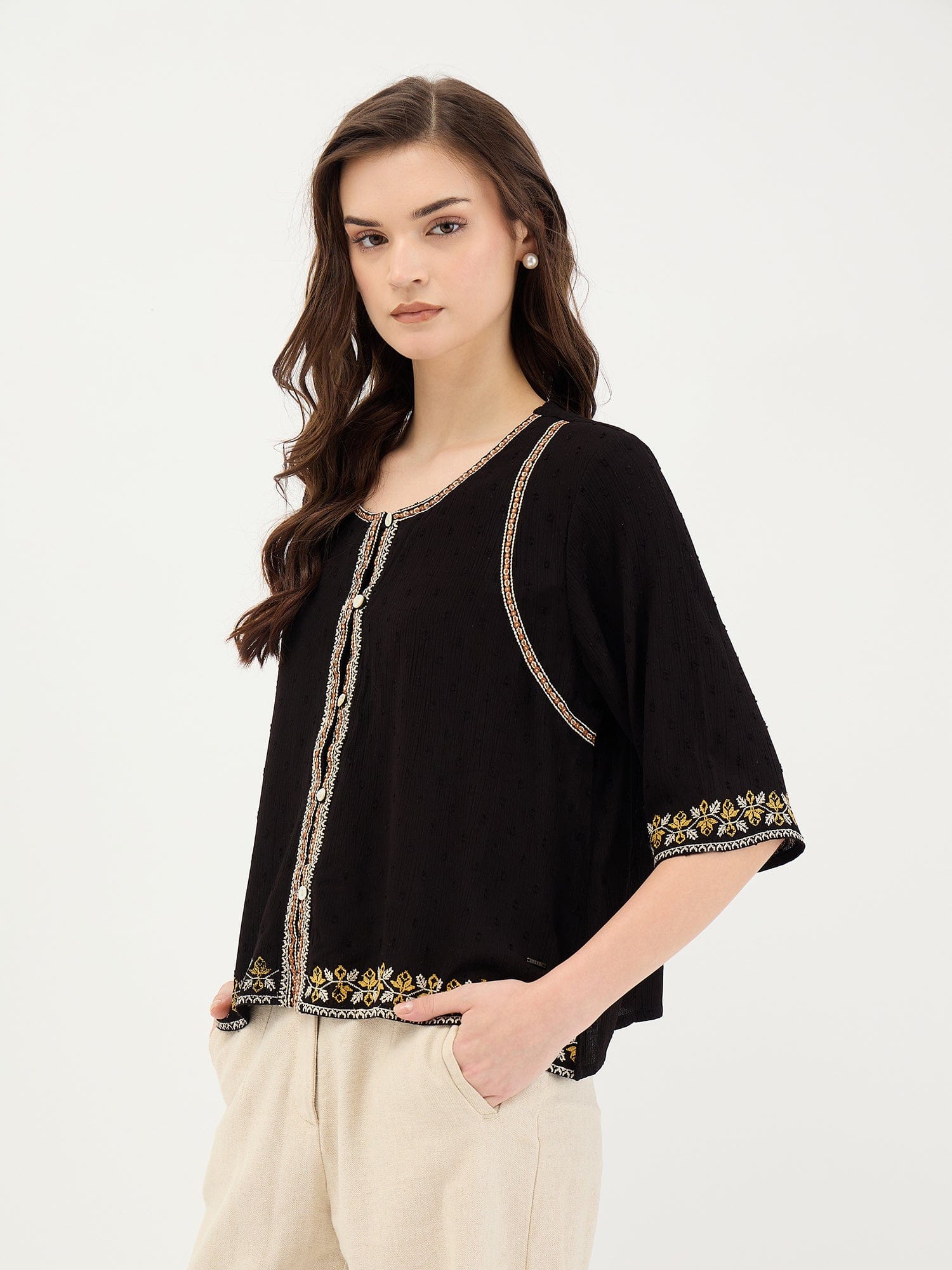Elle Women Black Solid Round Neck Top - Image 3