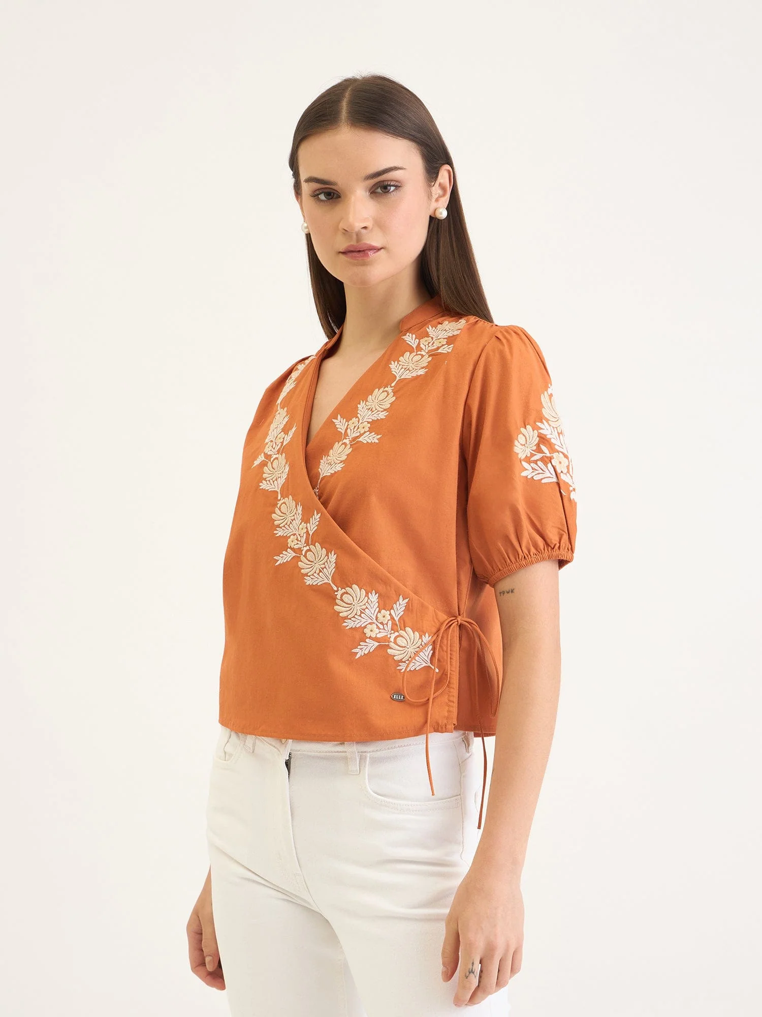 Elle Women Brown Embroidered V Neck Top - Image 4