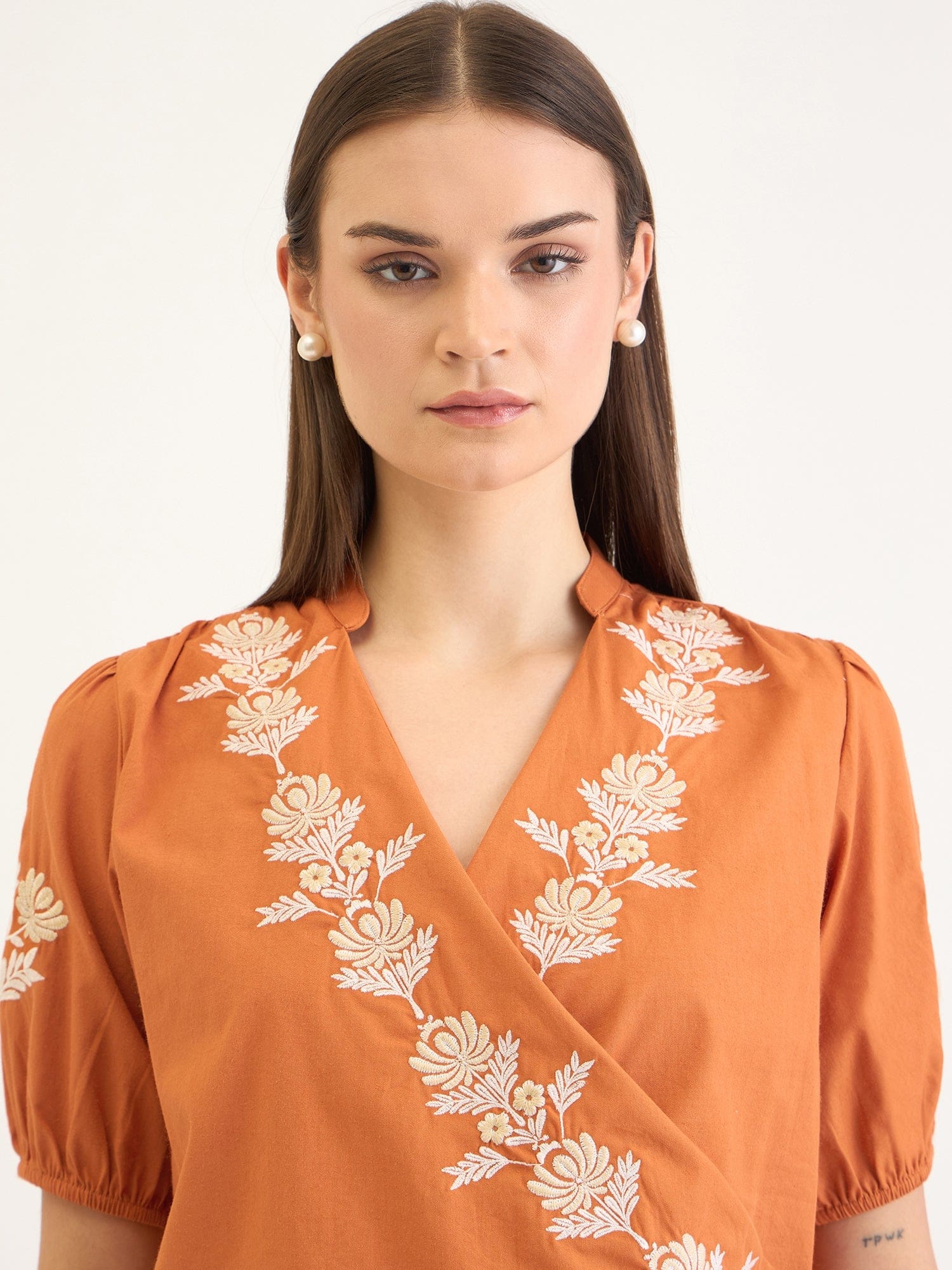 Elle Women Brown Embroidered V Neck Top - Image 5