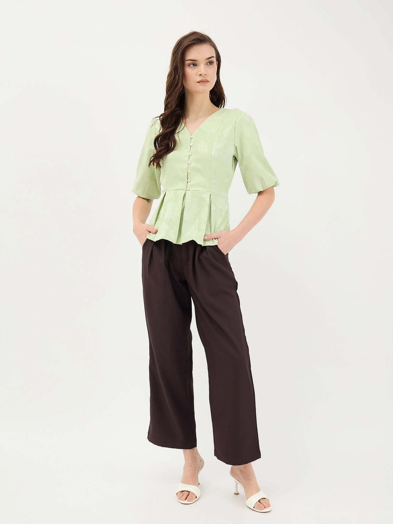 Elle Women Green Jacquard Collar Top - Image 2