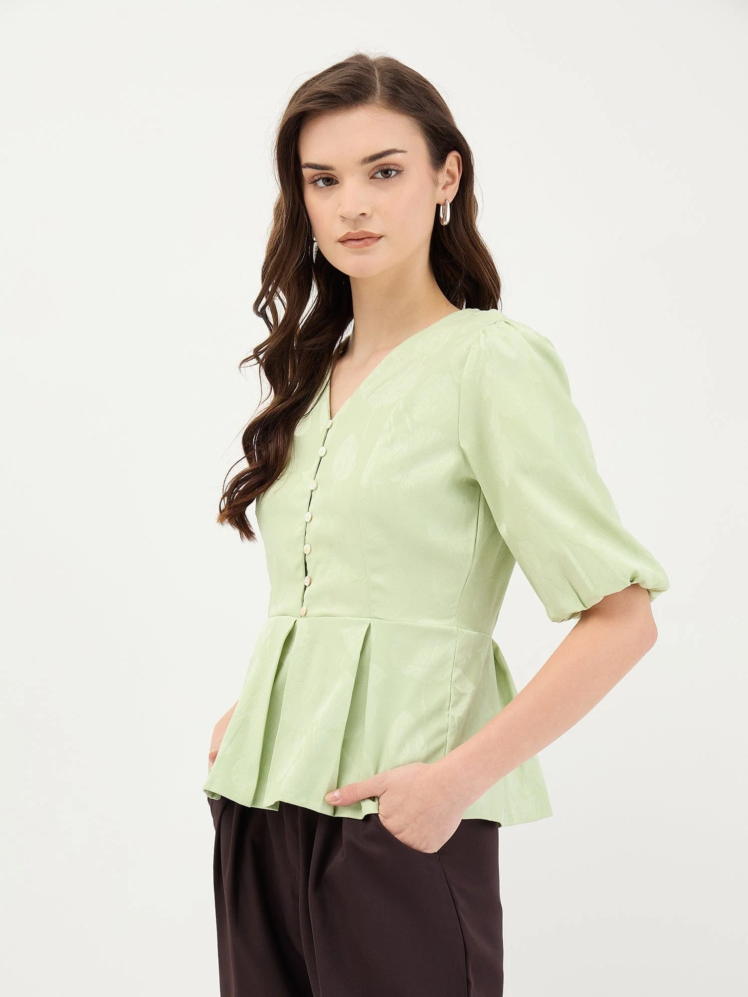 Elle Women Green Jacquard Collar Top - Image 3
